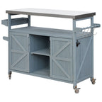 K&K Outdoor Kitchen Island, Rolling Bar Cart & Storage Cabinet, Farmhouse Solid Wood Outdoor Grill Table with Stainless Steel Top, Spice Rack , Towel Rack for Kitchen & BBQ , Grey Blue - Comfortable Living Decor