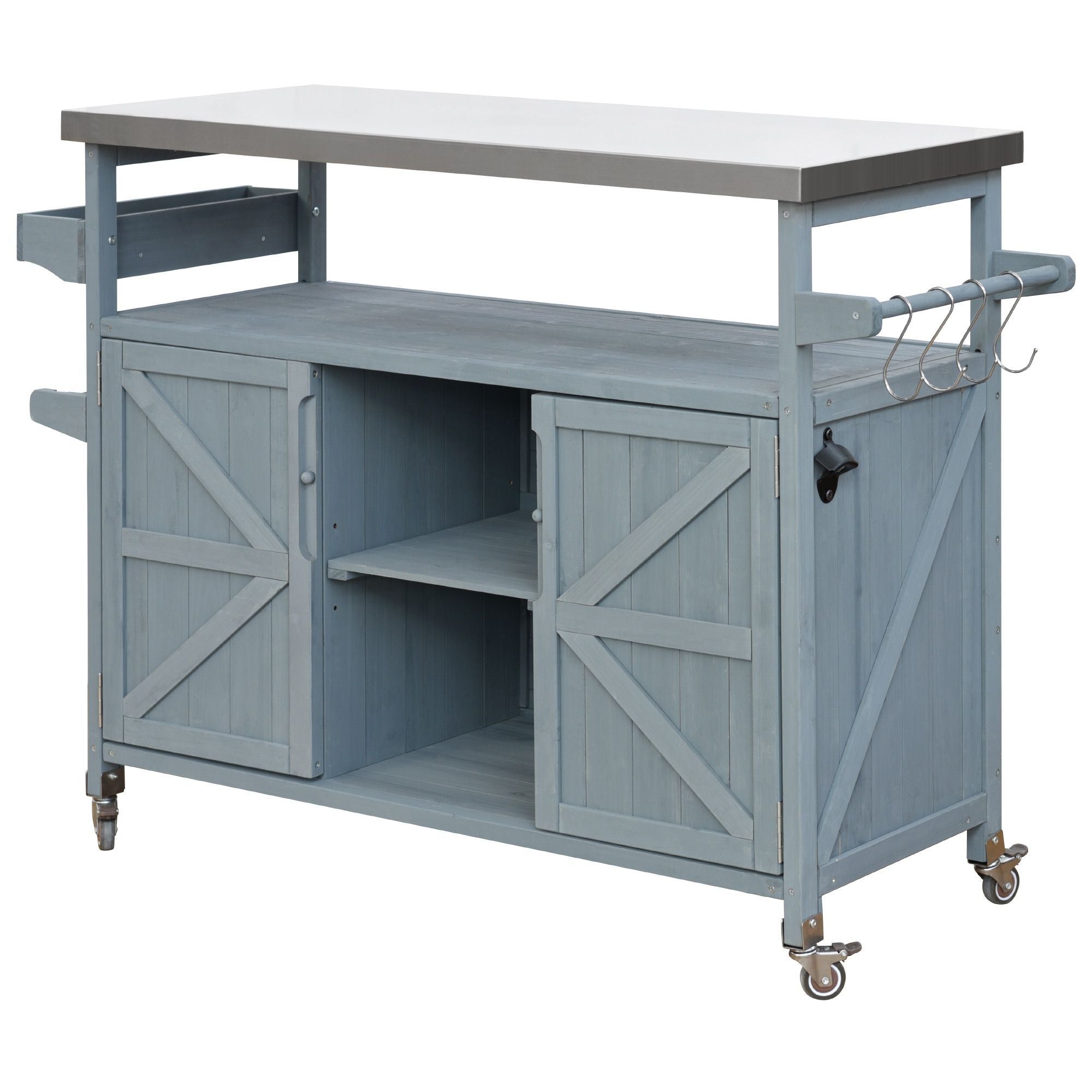 K&K Outdoor Kitchen Island, Rolling Bar Cart & Storage Cabinet, Farmhouse Solid Wood Outdoor Grill Table with Stainless Steel Top, Spice Rack , Towel Rack for Kitchen & BBQ , Grey Blue - Comfortable Living Decor