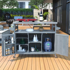 K&K Outdoor Kitchen Island, Rolling Bar Cart & Storage Cabinet, Farmhouse Solid Wood Outdoor Grill Table with Stainless Steel Top, Spice Rack , Towel Rack for Kitchen & BBQ , Grey Blue - Comfortable Living Decor