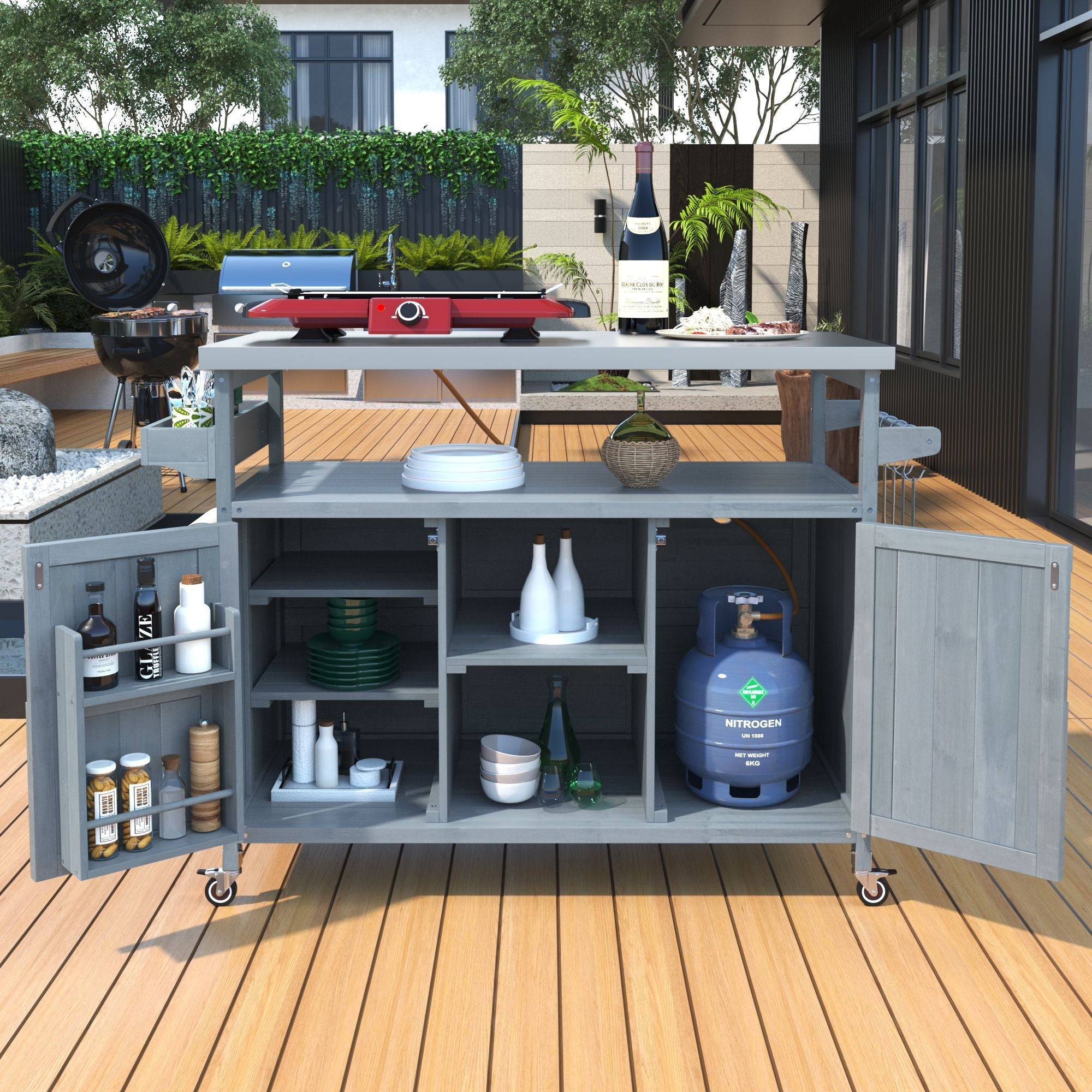K&K Outdoor Kitchen Island, Rolling Bar Cart & Storage Cabinet, Farmhouse Solid Wood Outdoor Grill Table with Stainless Steel Top, Spice Rack , Towel Rack for Kitchen & BBQ , Grey Blue - Comfortable Living Decor
