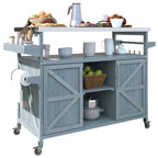 K&K Outdoor Kitchen Island, Rolling Bar Cart & Storage Cabinet, Farmhouse Solid Wood Outdoor Grill Table with Stainless Steel Top, Spice Rack , Towel Rack for Kitchen & BBQ , Grey Blue - Comfortable Living Decor