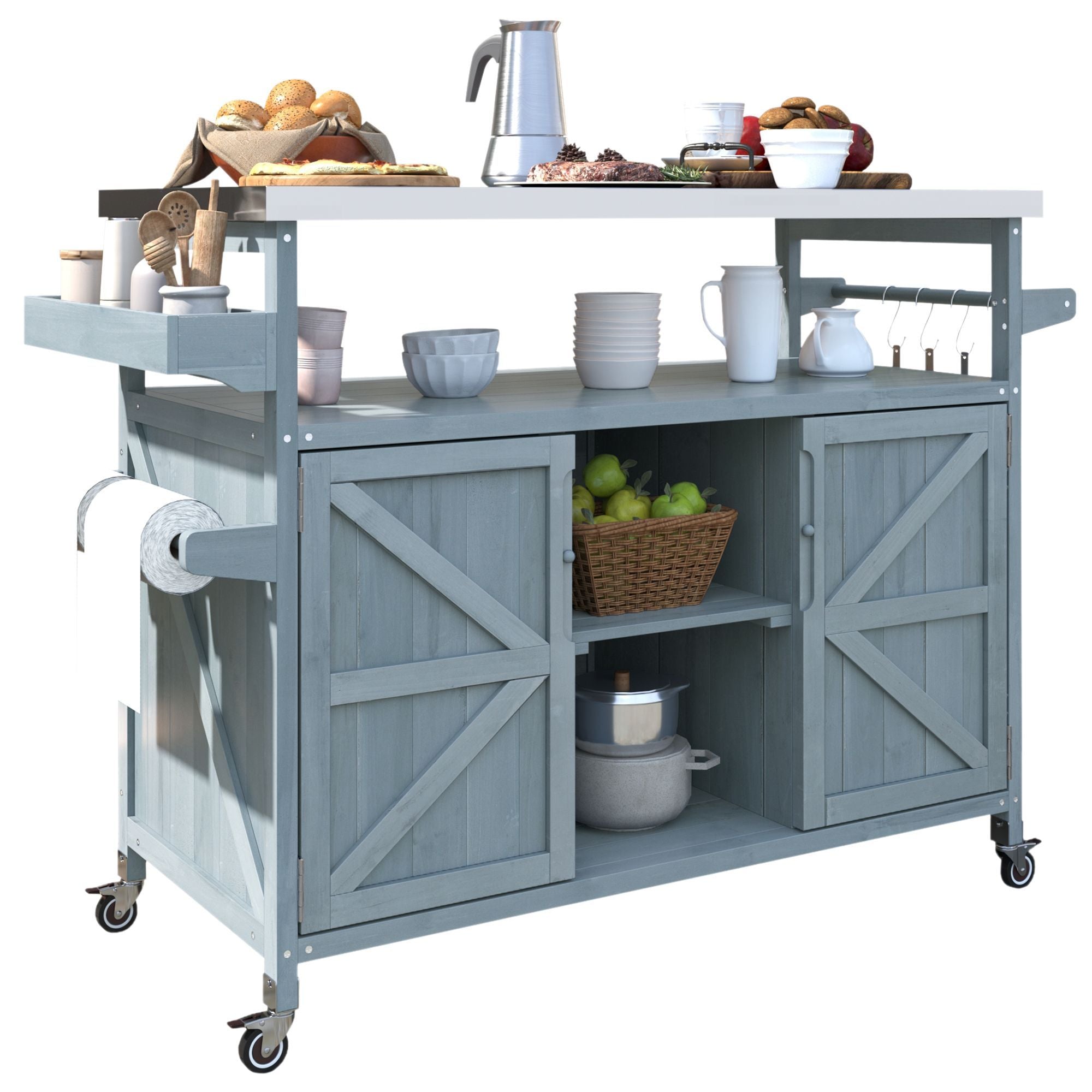 K&K Outdoor Kitchen Island, Rolling Bar Cart & Storage Cabinet, Farmhouse Solid Wood Outdoor Grill Table with Stainless Steel Top, Spice Rack , Towel Rack for Kitchen & BBQ , Grey Blue - Comfortable Living Decor