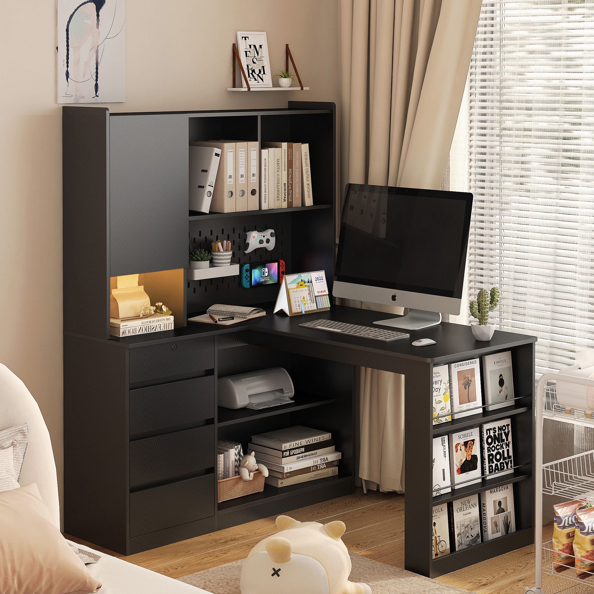 L Shaped Desk,Computer Desk with Drawers,Bookshelf & Hutch,with LED Light,Modern Corner Desk,Home Office Desk,L - Shaped Study Table Writing Desk,Corner Gaming Computer Desk with Storage - Comfortable Living Decor
