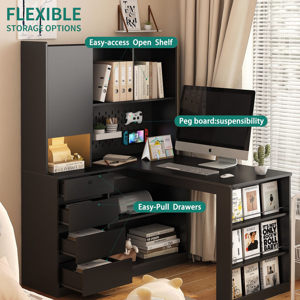 L Shaped Desk,Computer Desk with Drawers,Bookshelf & Hutch,with LED Light,Modern Corner Desk,Home Office Desk,L - Shaped Study Table Writing Desk,Corner Gaming Computer Desk with Storage - Comfortable Living Decor