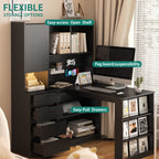L Shaped Desk,Computer Desk with Drawers,Bookshelf & Hutch,with LED Light,Modern Corner Desk,Home Office Desk,L - Shaped Study Table Writing Desk,Corner Gaming Computer Desk with Storage - Comfortable Living Decor