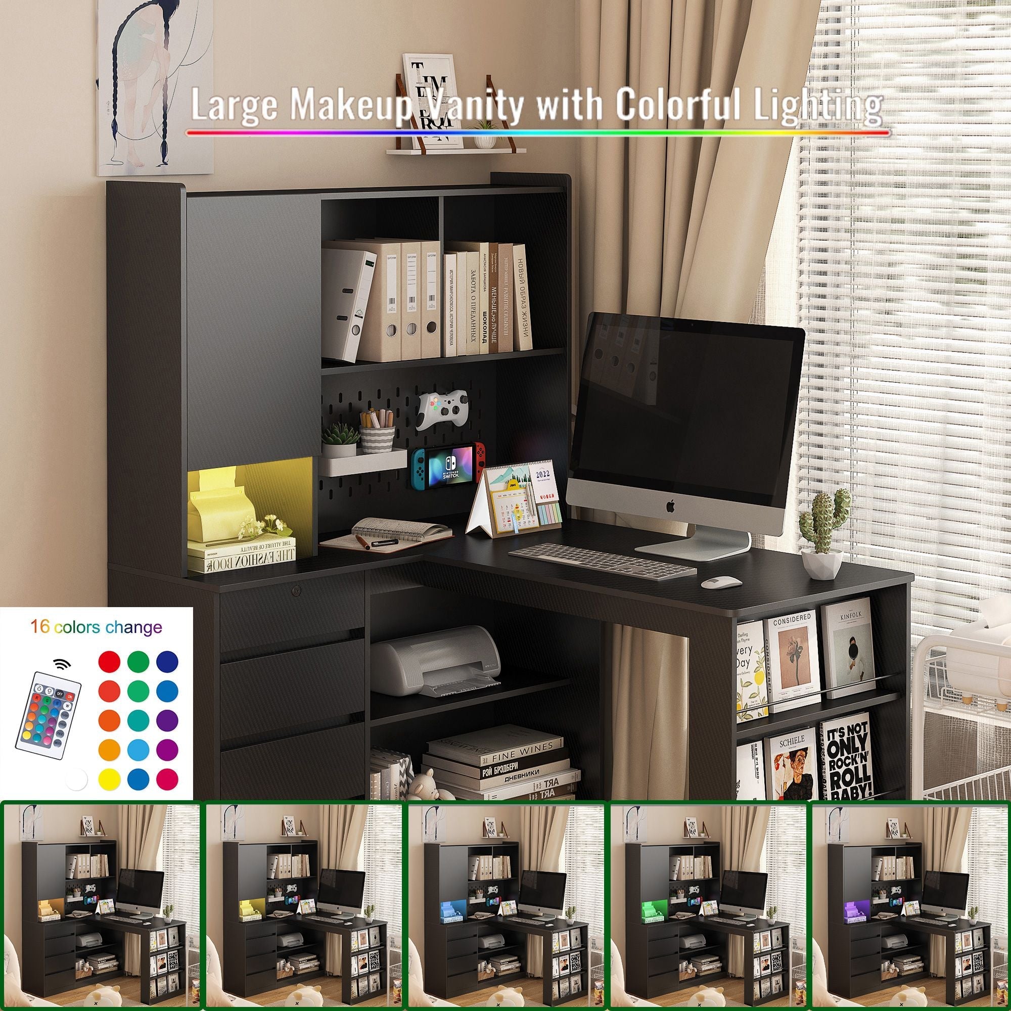 L Shaped Desk,Computer Desk with Drawers,Bookshelf & Hutch,with LED Light,Modern Corner Desk,Home Office Desk,L - Shaped Study Table Writing Desk,Corner Gaming Computer Desk with Storage - Comfortable Living Decor