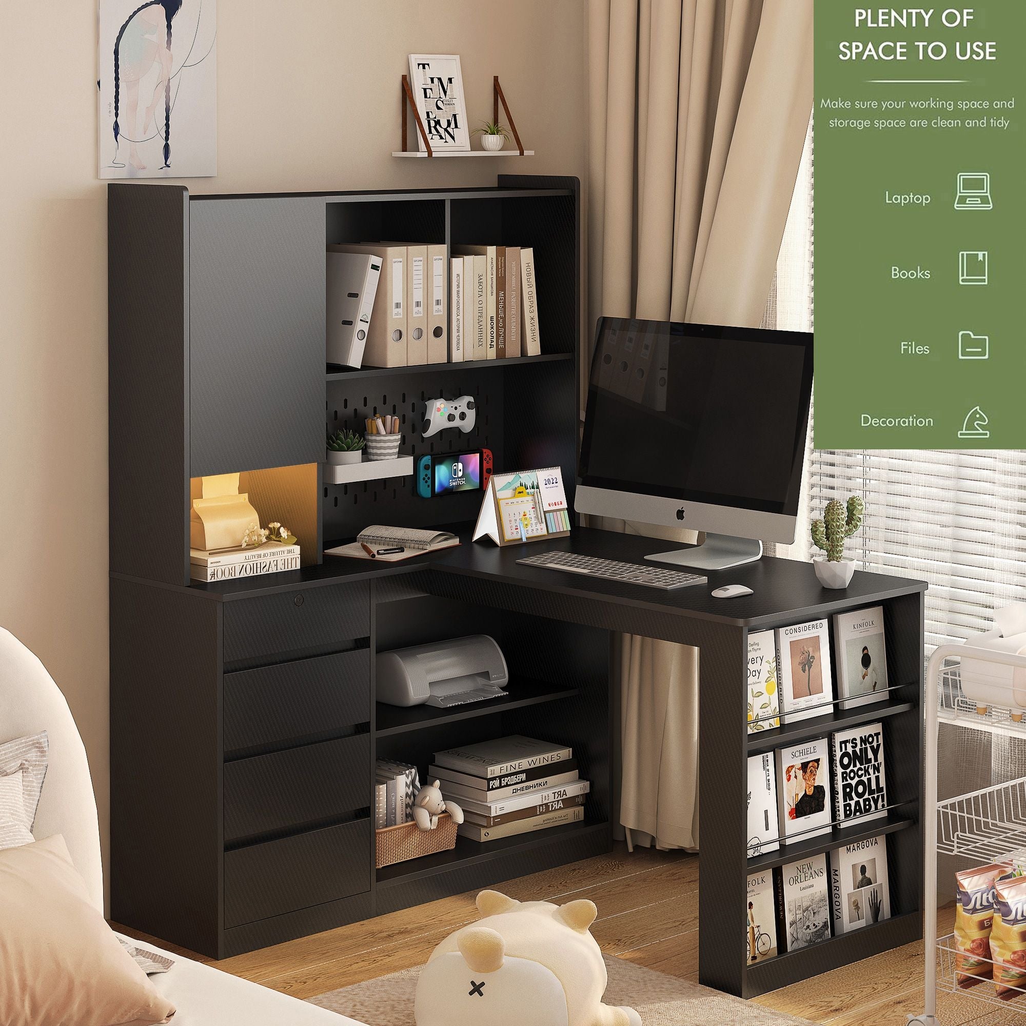 L Shaped Desk,Computer Desk with Drawers,Bookshelf & Hutch,with LED Light,Modern Corner Desk,Home Office Desk,L - Shaped Study Table Writing Desk,Corner Gaming Computer Desk with Storage - Comfortable Living Decor