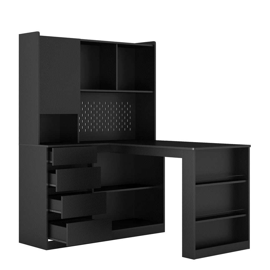 L Shaped Desk,Computer Desk with Drawers,Bookshelf & Hutch,with LED Light,Modern Corner Desk,Home Office Desk,L - Shaped Study Table Writing Desk,Corner Gaming Computer Desk with Storage - Comfortable Living Decor