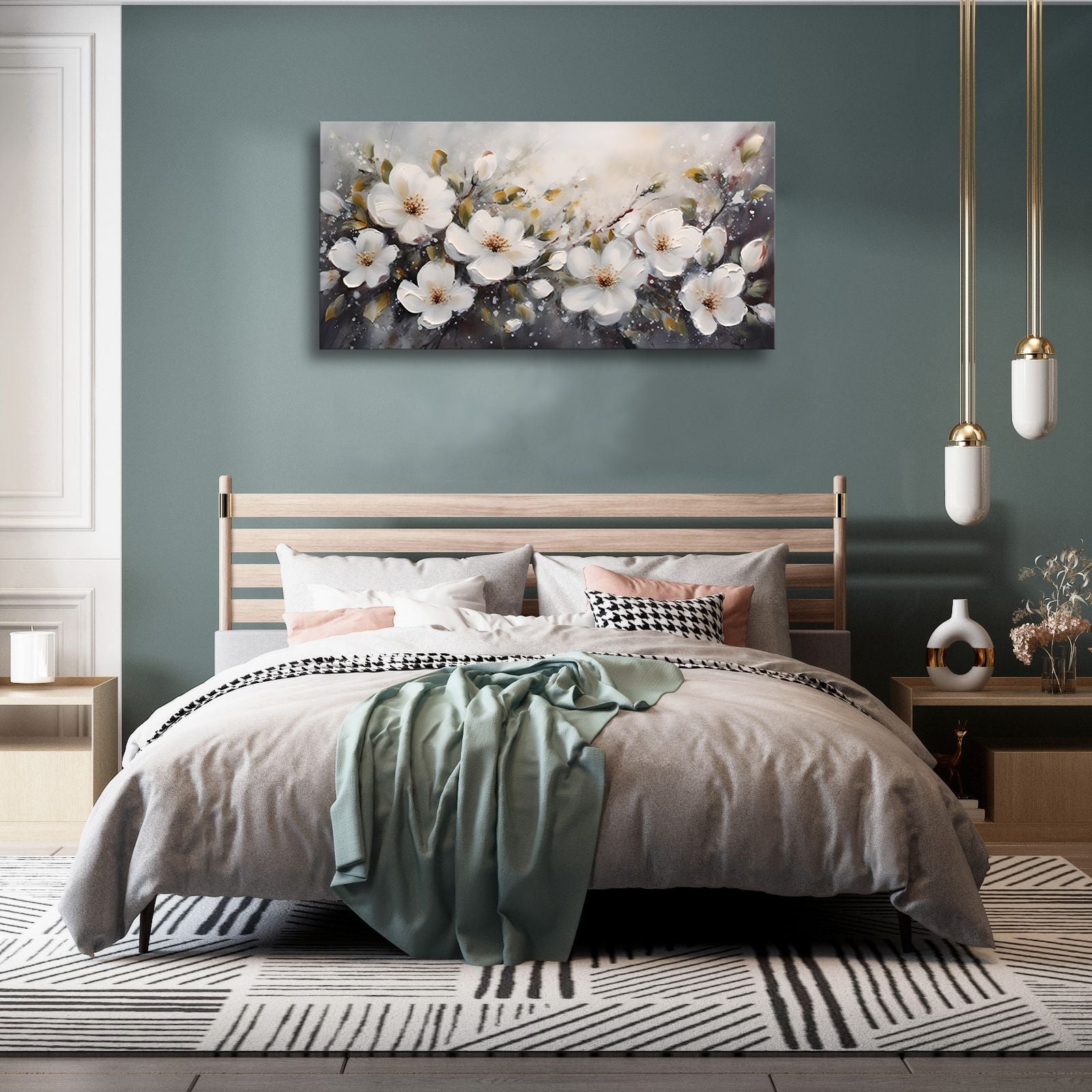 Large Flower Painting Wall Art for Living Room White Flower Picture Wall Decor for Bedroom Gold Leaf Floral Wall Art Prints Framed Artwork for Bathroom Office Home Decor Ready to Hang 20"x40" - Comfortable Living Decor