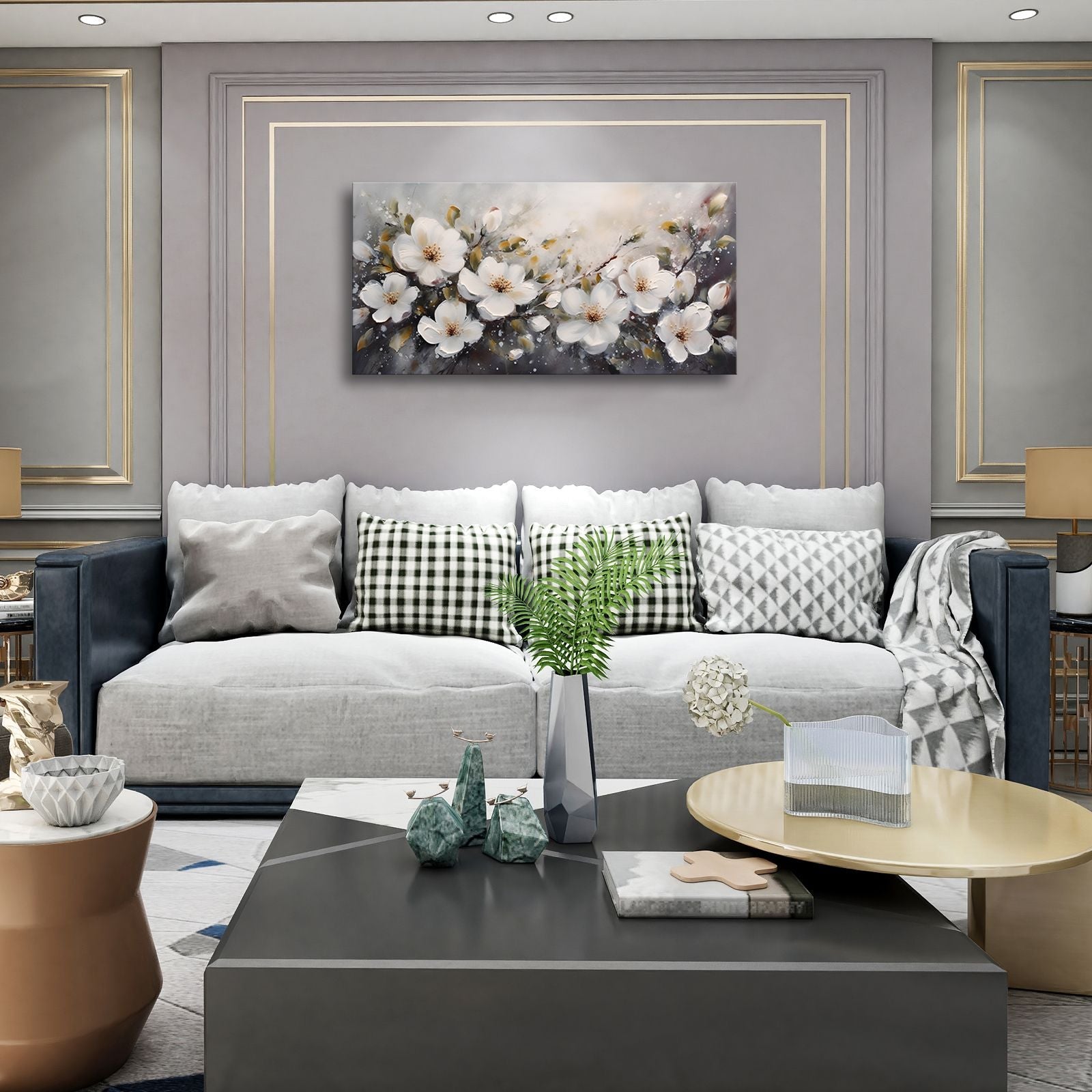 Large Flower Painting Wall Art for Living Room White Flower Picture Wall Decor for Bedroom Gold Leaf Floral Wall Art Prints Framed Artwork for Bathroom Office Home Decor Ready to Hang 20"x40" - Comfortable Living Decor