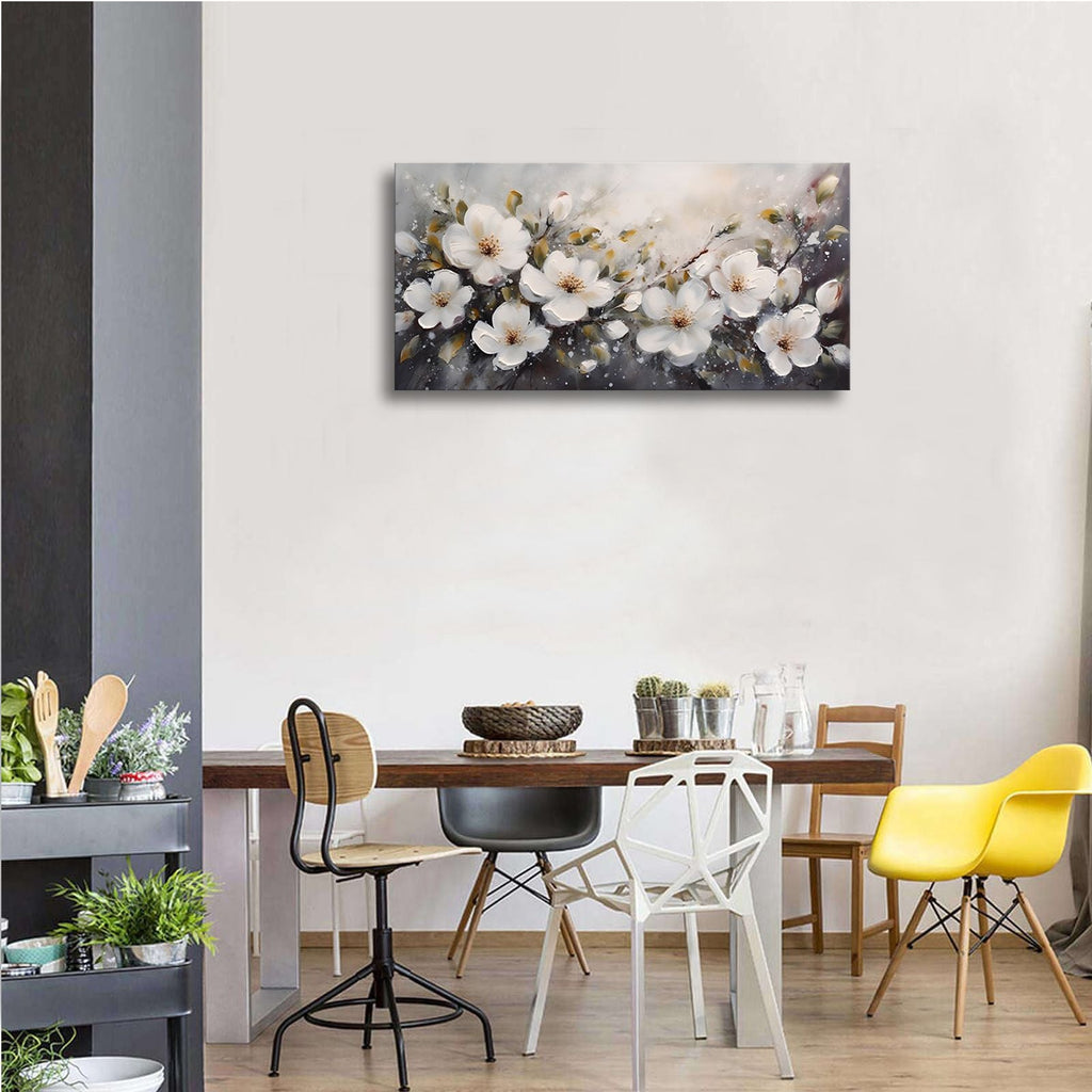 Large Flower Painting Wall Art for Living Room White Flower Picture Wall Decor for Bedroom Gold Leaf Floral Wall Art Prints Framed Artwork for Bathroom Office Home Decor Ready to Hang 20"x40" - Comfortable Living Decor
