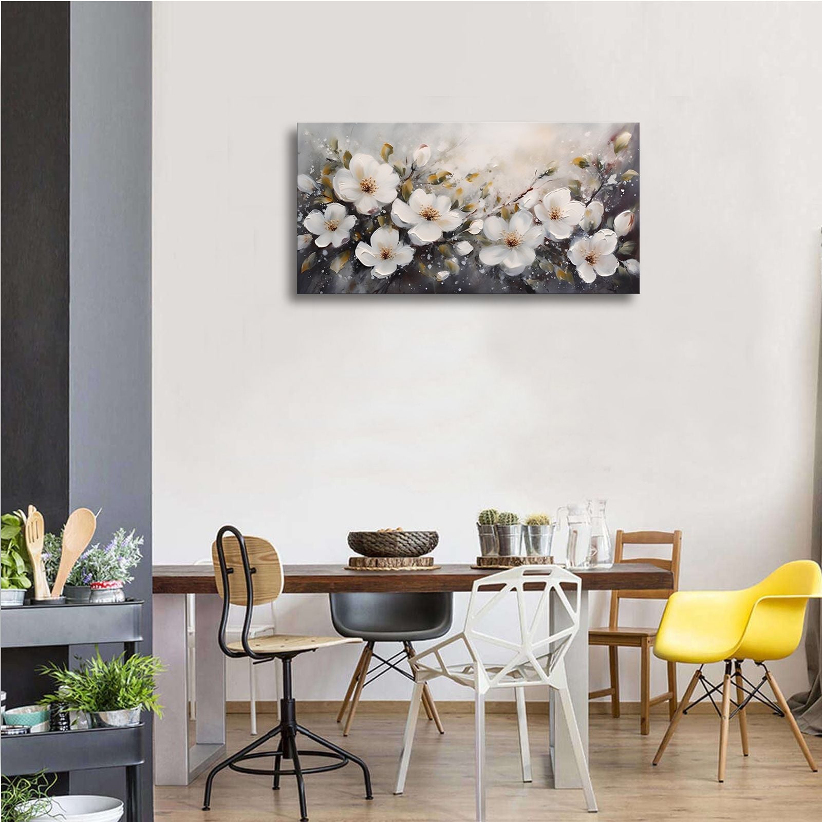 Large Flower Painting Wall Art for Living Room White Flower Picture Wall Decor for Bedroom Gold Leaf Floral Wall Art Prints Framed Artwork for Bathroom Office Home Decor Ready to Hang 20"x40" - Comfortable Living Decor