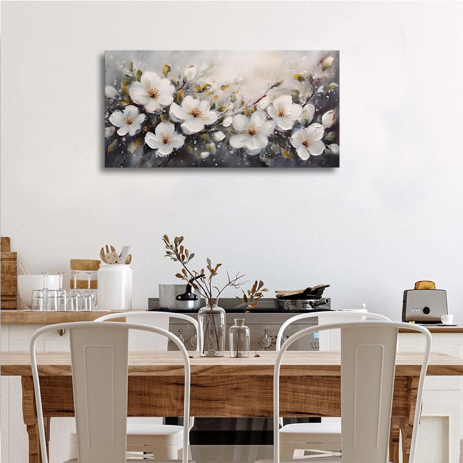 Large Flower Painting Wall Art for Living Room White Flower Picture Wall Decor for Bedroom Gold Leaf Floral Wall Art Prints Framed Artwork for Bathroom Office Home Decor Ready to Hang 20"x40" - Comfortable Living Decor