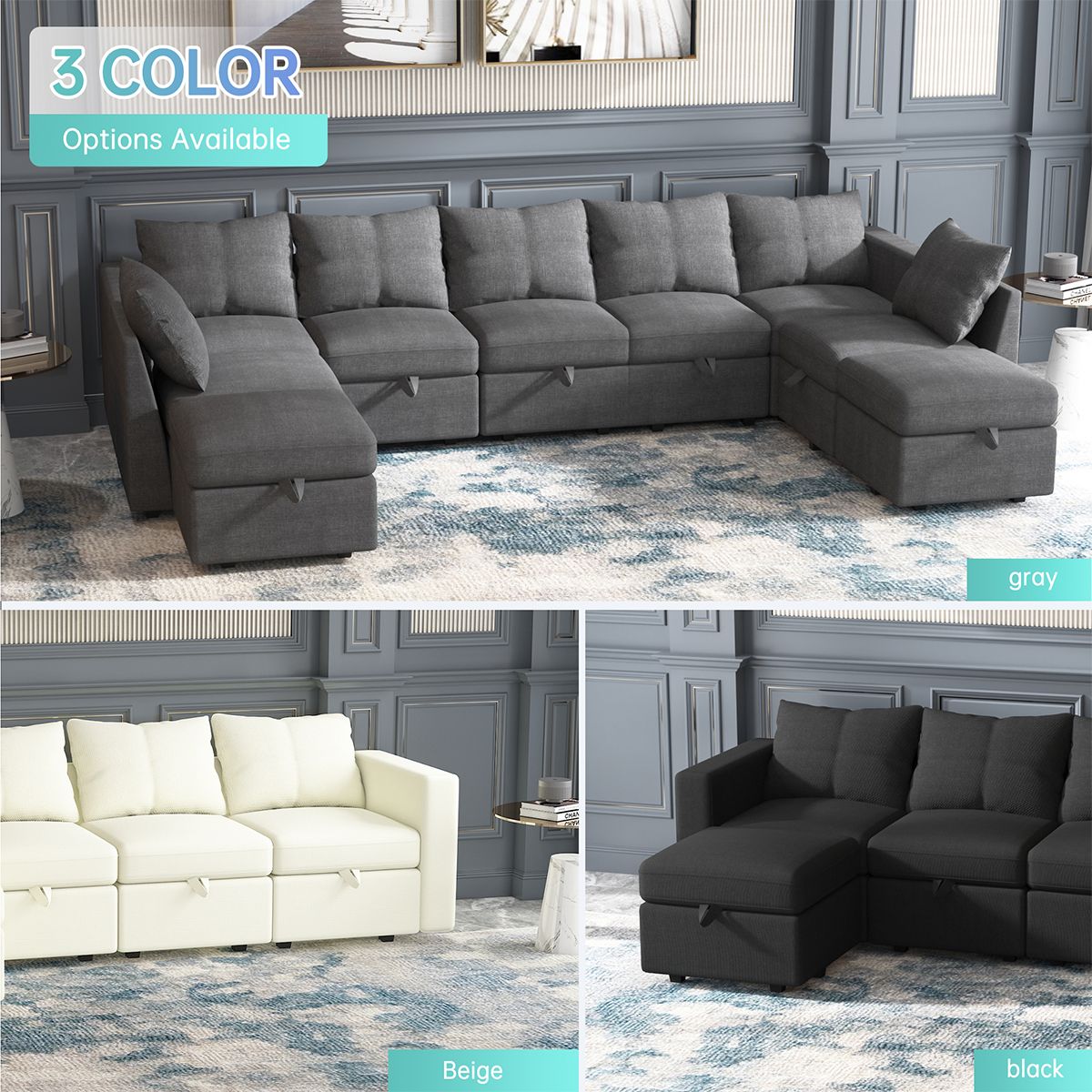 Livelylodge Modular Sectional Sofa with Wooden Frame and Pull - Out Bed, Convertible Couch for Living Room, Available in Black, White, and Gray, 109" L x 30.5" W x 34" H - Comfortable Living Decor