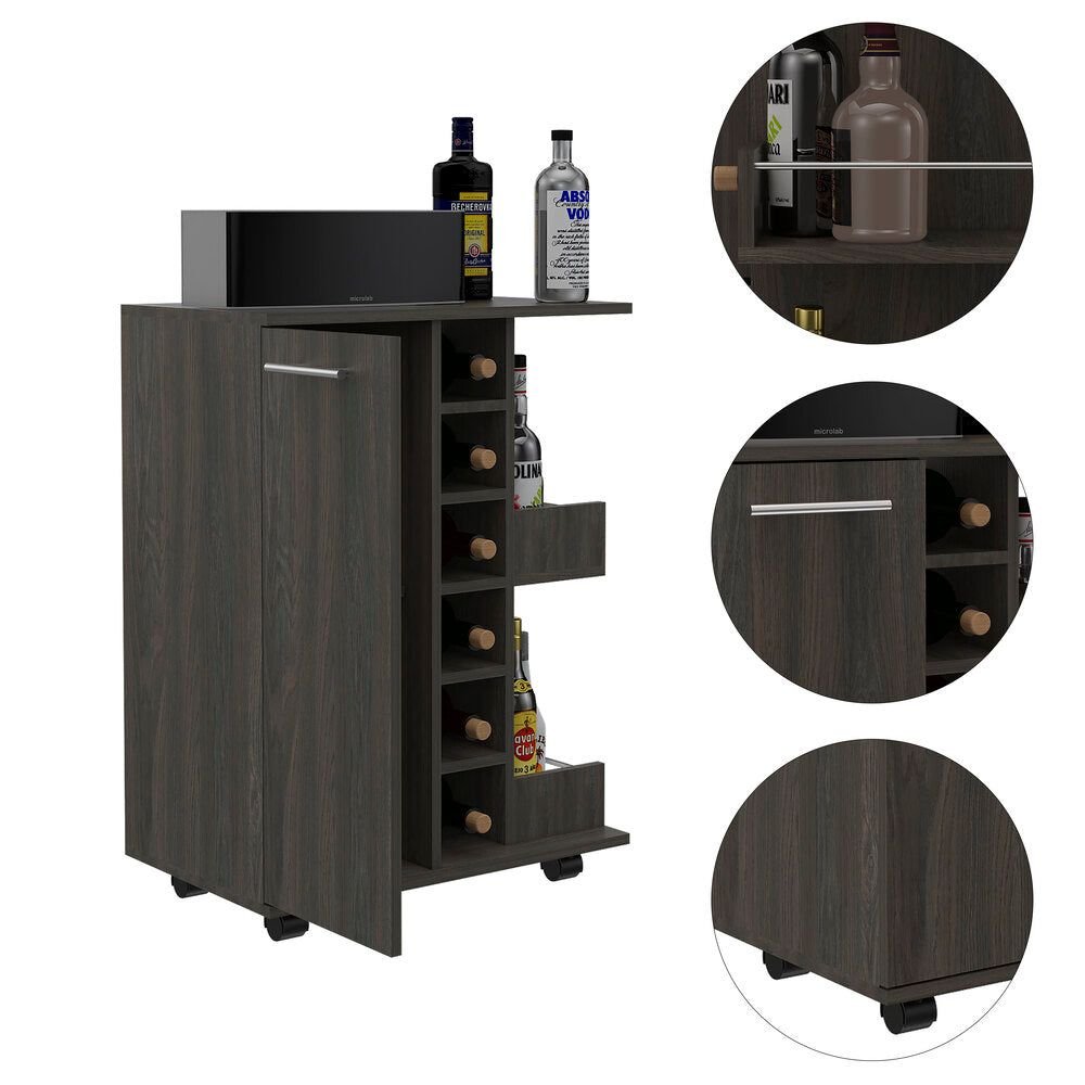 Magda Bar Cart, Four Casters, Six Built - in Wine Rack, Single Door Cabinet, Two External Shelves - Comfortable Living Decor