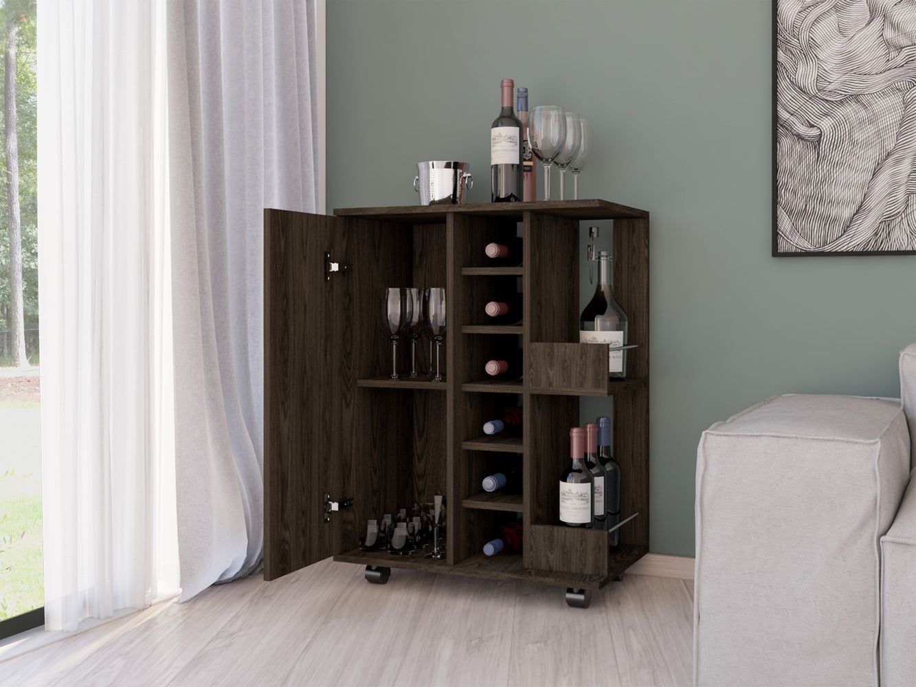 Magda Bar Cart, Four Casters, Six Built - in Wine Rack, Single Door Cabinet, Two External Shelves - Comfortable Living Decor