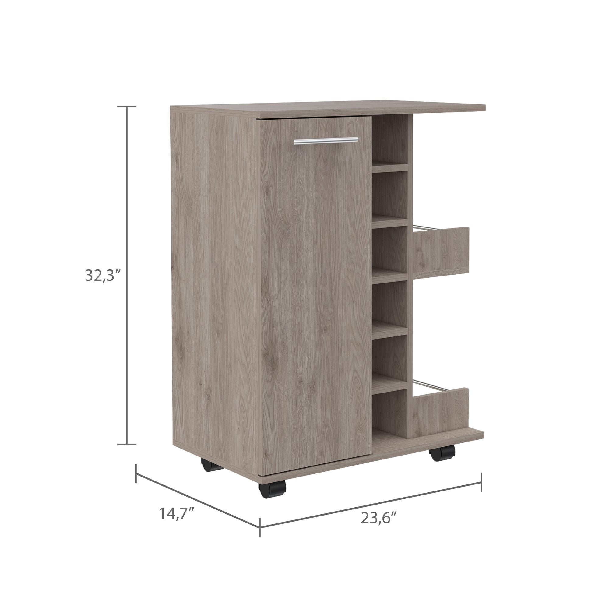 Magda Bar Cart, Four Casters, Six Built - in Wine Rack, Single Door Cabinet, Two External Shelves - Comfortable Living Decor