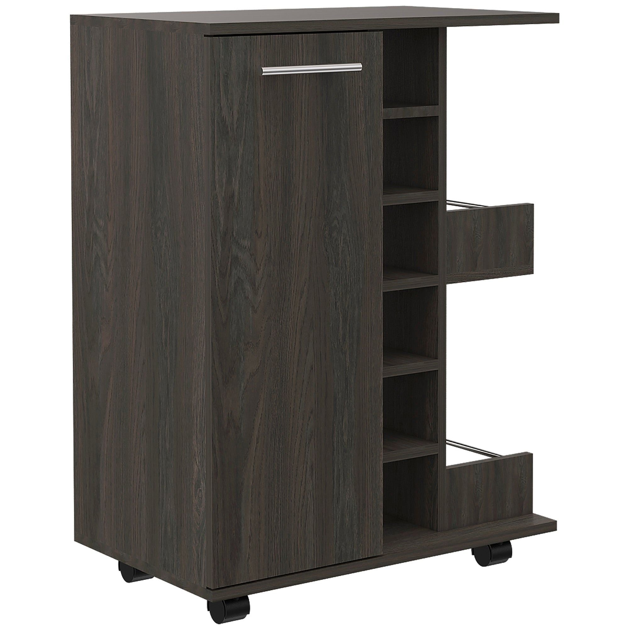 Magda Bar Cart, Four Casters, Six Built - in Wine Rack, Single Door Cabinet, Two External Shelves - Comfortable Living Decor