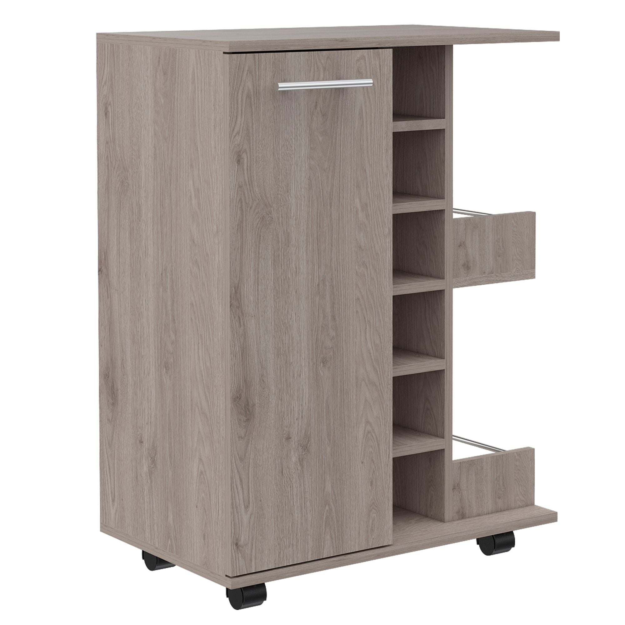 Magda Bar Cart, Four Casters, Six Built - in Wine Rack, Single Door Cabinet, Two External Shelves - Comfortable Living Decor