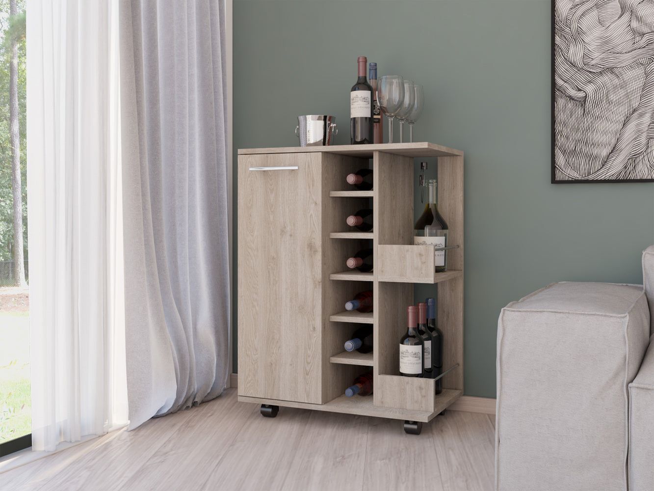 Magda Bar Cart, Four Casters, Six Built - in Wine Rack, Single Door Cabinet, Two External Shelves - Comfortable Living Decor