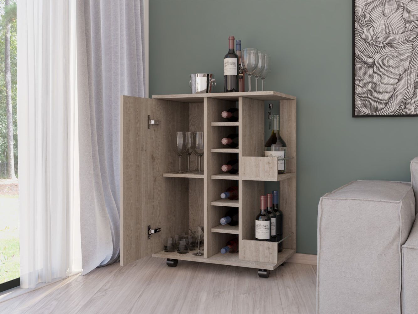 Magda Bar Cart, Four Casters, Six Built - in Wine Rack, Single Door Cabinet, Two External Shelves - Comfortable Living Decor