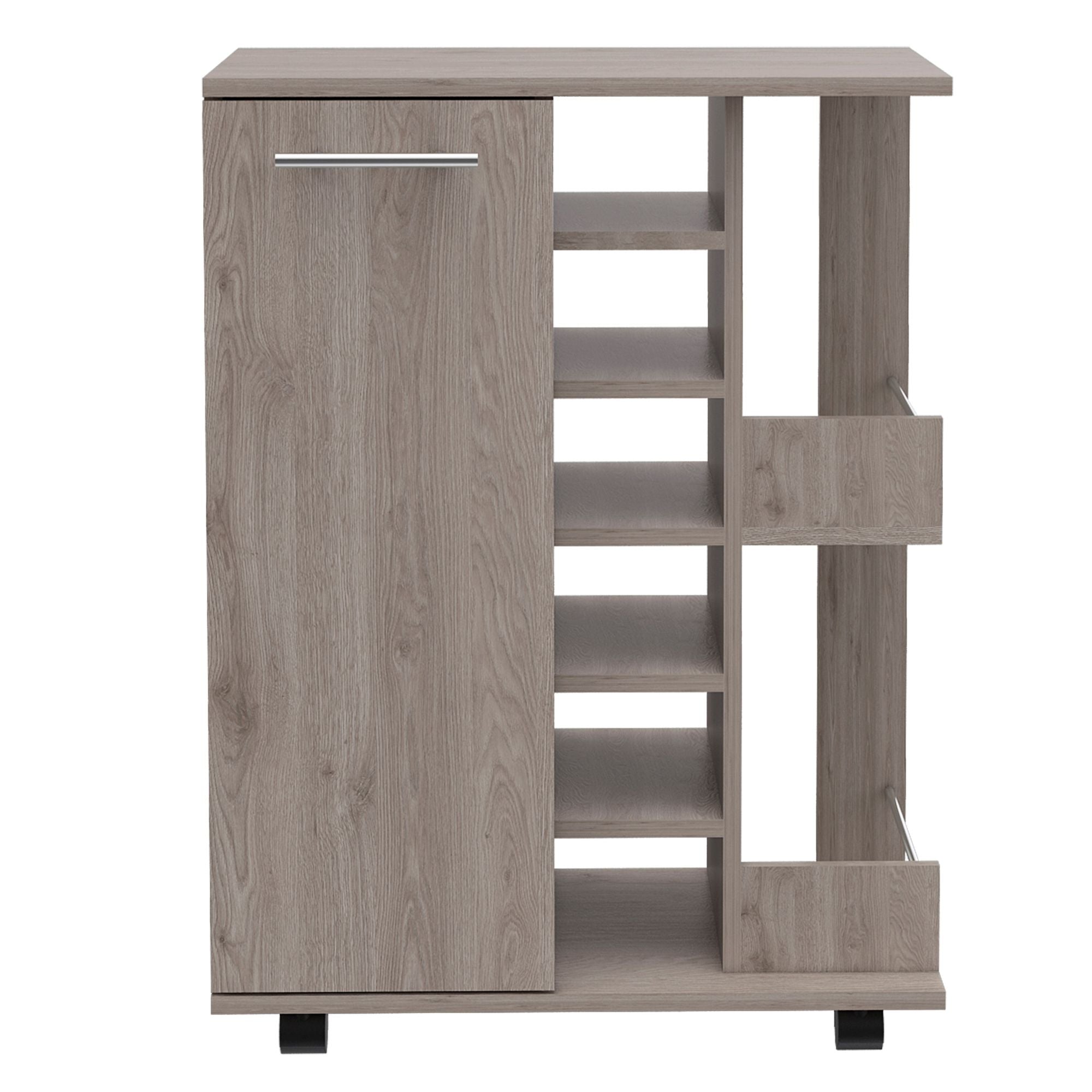 Magda Bar Cart, Four Casters, Six Built - in Wine Rack, Single Door Cabinet, Two External Shelves - Comfortable Living Decor