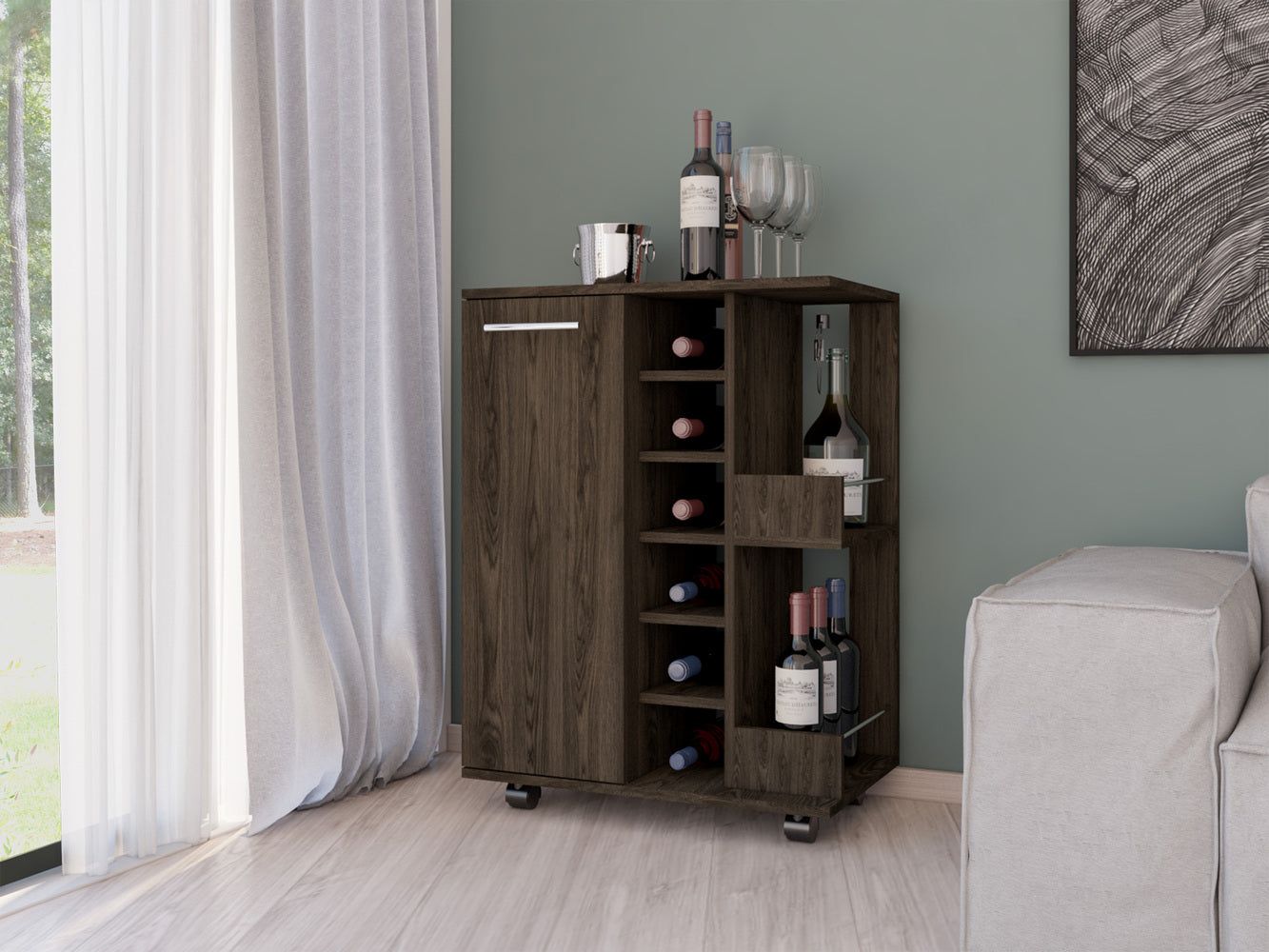 Magda Bar Cart, Four Casters, Six Built - in Wine Rack, Single Door Cabinet, Two External Shelves - Comfortable Living Decor