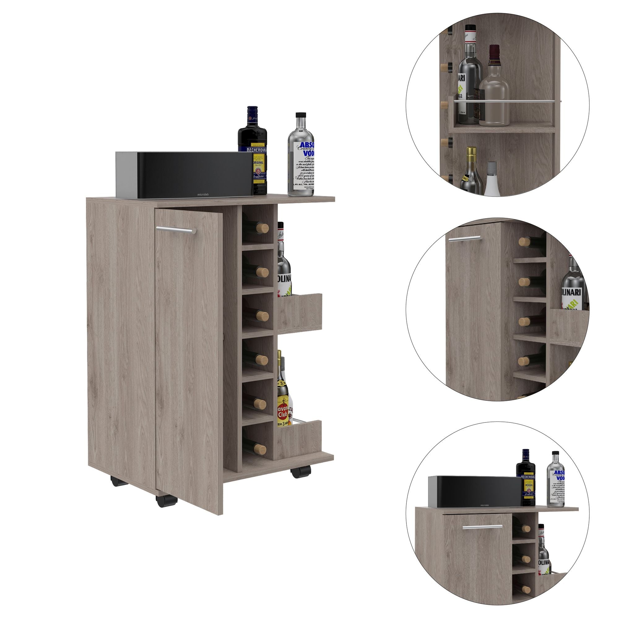 Magda Bar Cart, Four Casters, Six Built - in Wine Rack, Single Door Cabinet, Two External Shelves - Comfortable Living Decor