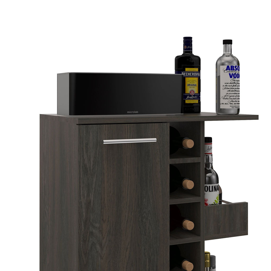 Magda Bar Cart, Four Casters, Six Built - in Wine Rack, Single Door Cabinet, Two External Shelves - Comfortable Living Decor