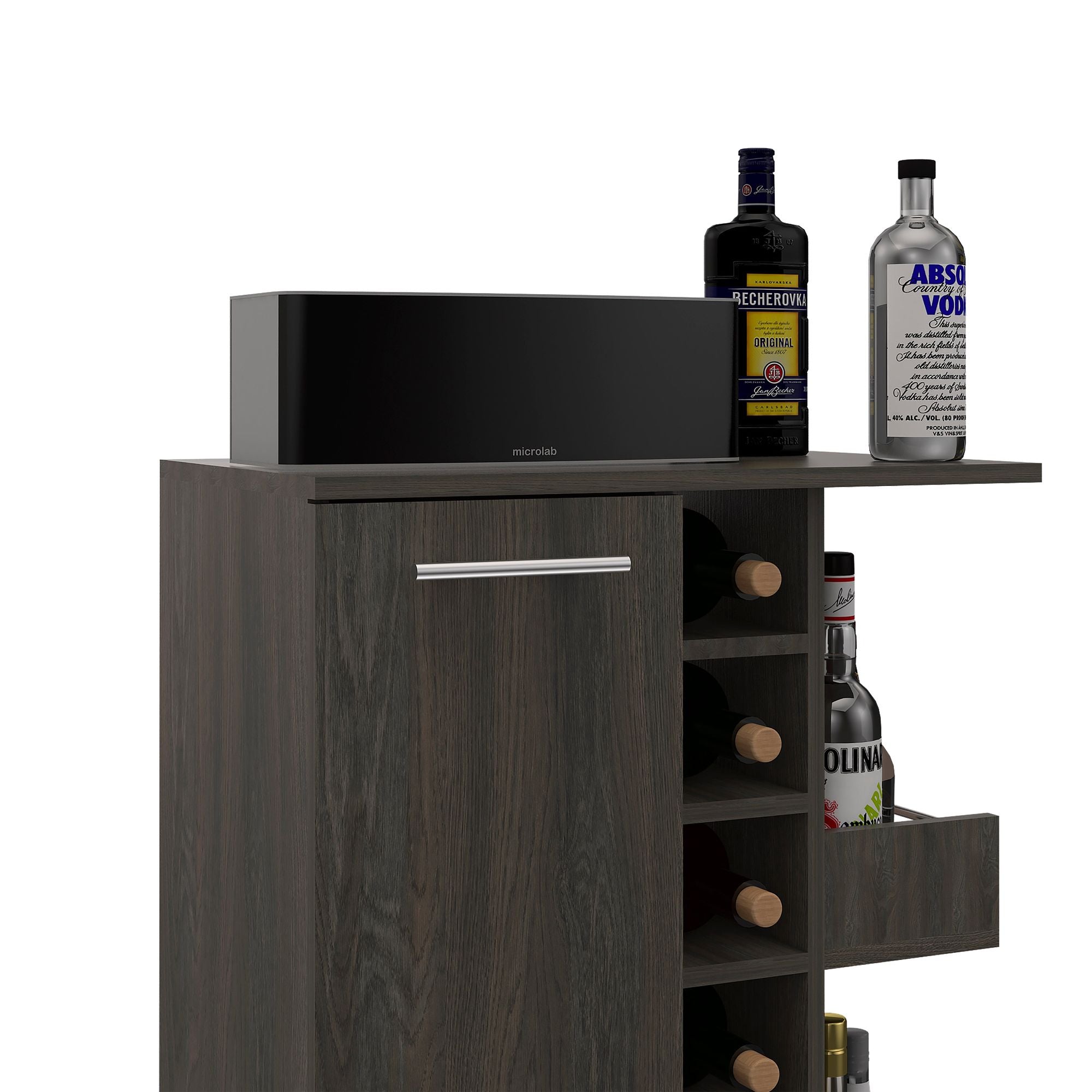 Magda Bar Cart, Four Casters, Six Built - in Wine Rack, Single Door Cabinet, Two External Shelves - Comfortable Living Decor