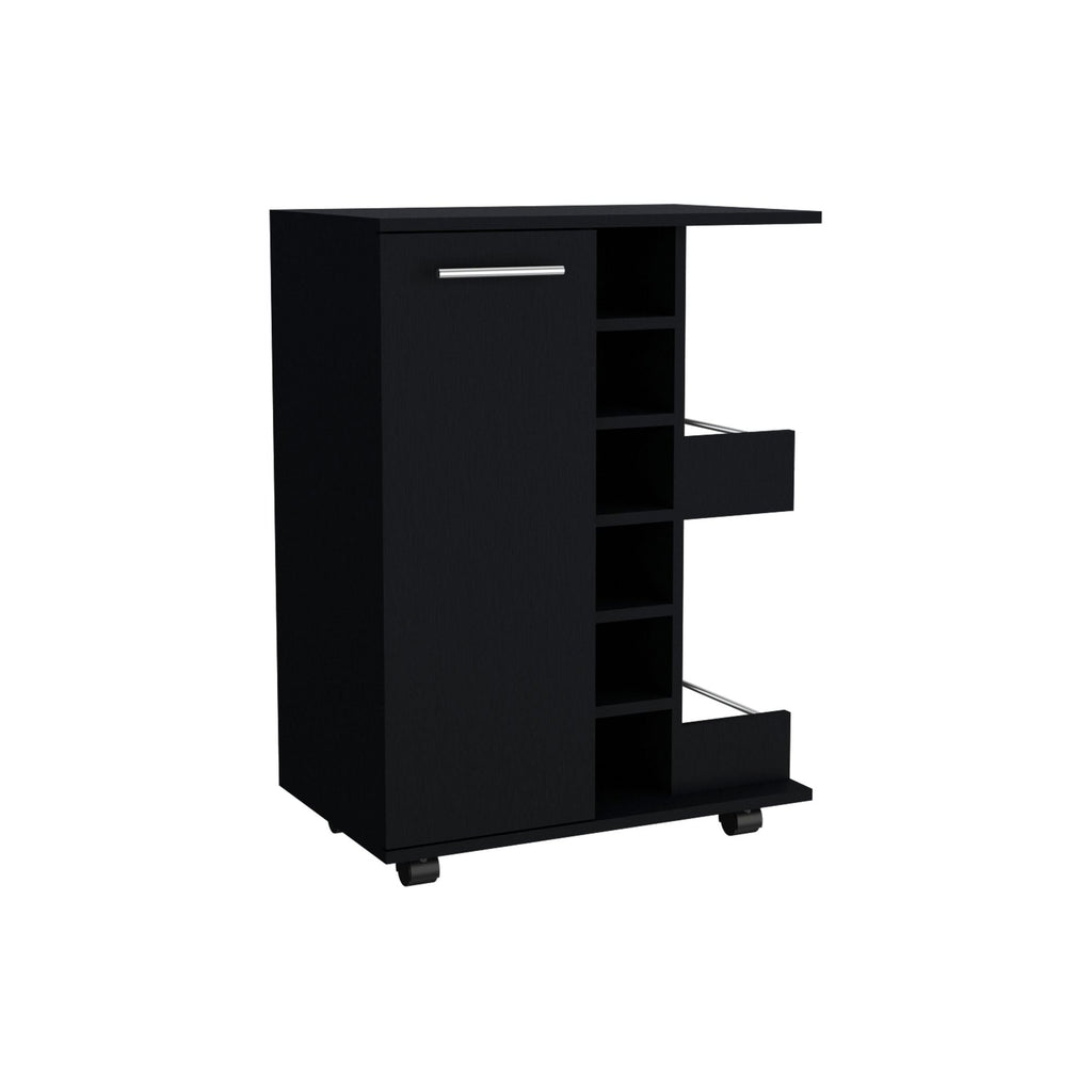 Magda Bar Cart, Four Casters, Six Built - in Wine Rack, Single Door Cabinet, Two External Shelves - Comfortable Living Decor