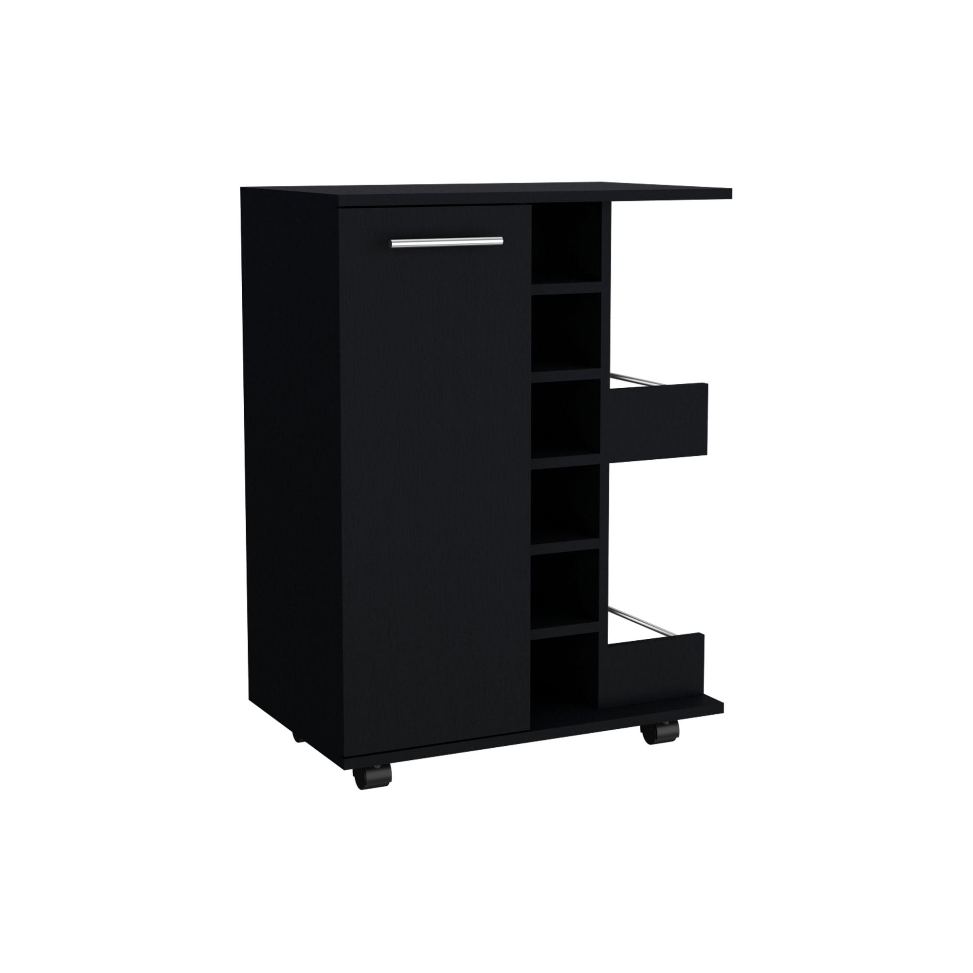 Magda Bar Cart, Four Casters, Six Built - in Wine Rack, Single Door Cabinet, Two External Shelves - Comfortable Living Decor
