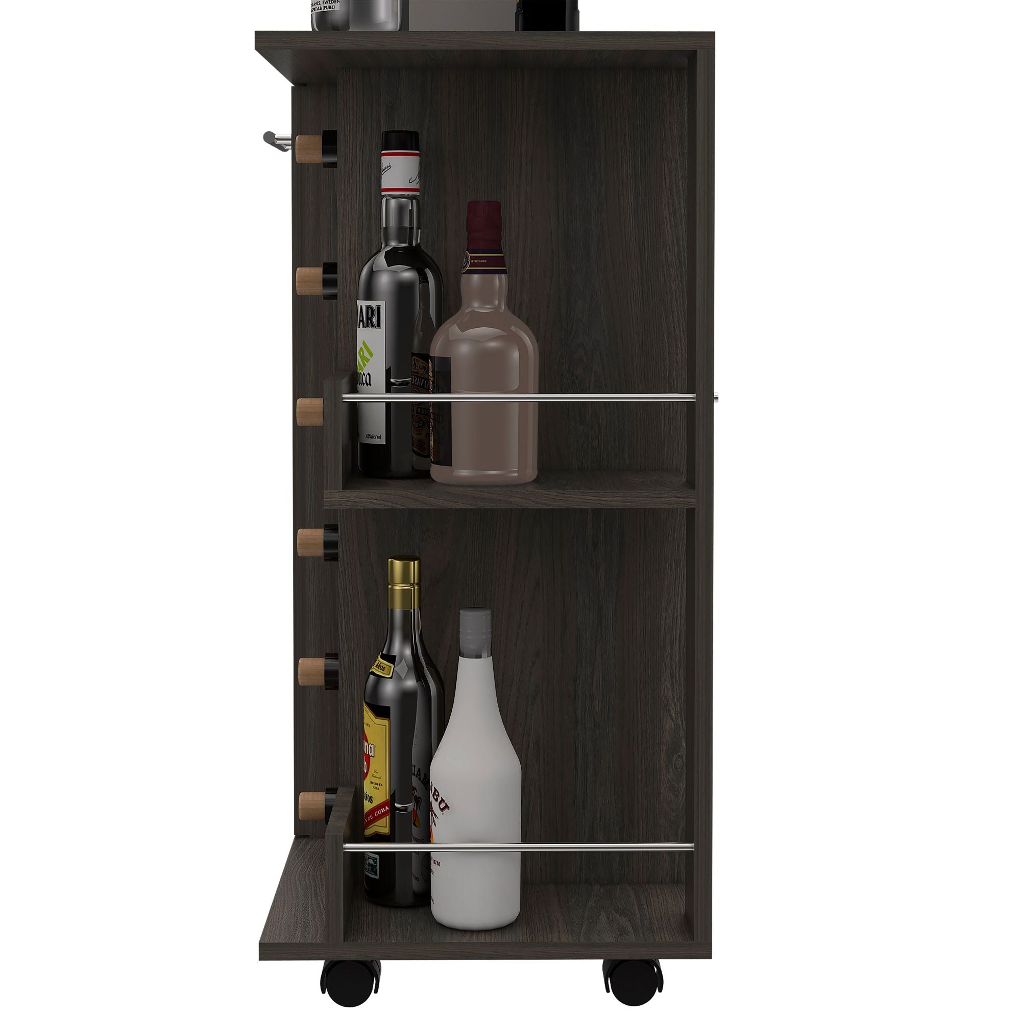 Magda Bar Cart, Four Casters, Six Built - in Wine Rack, Single Door Cabinet, Two External Shelves - Comfortable Living Decor