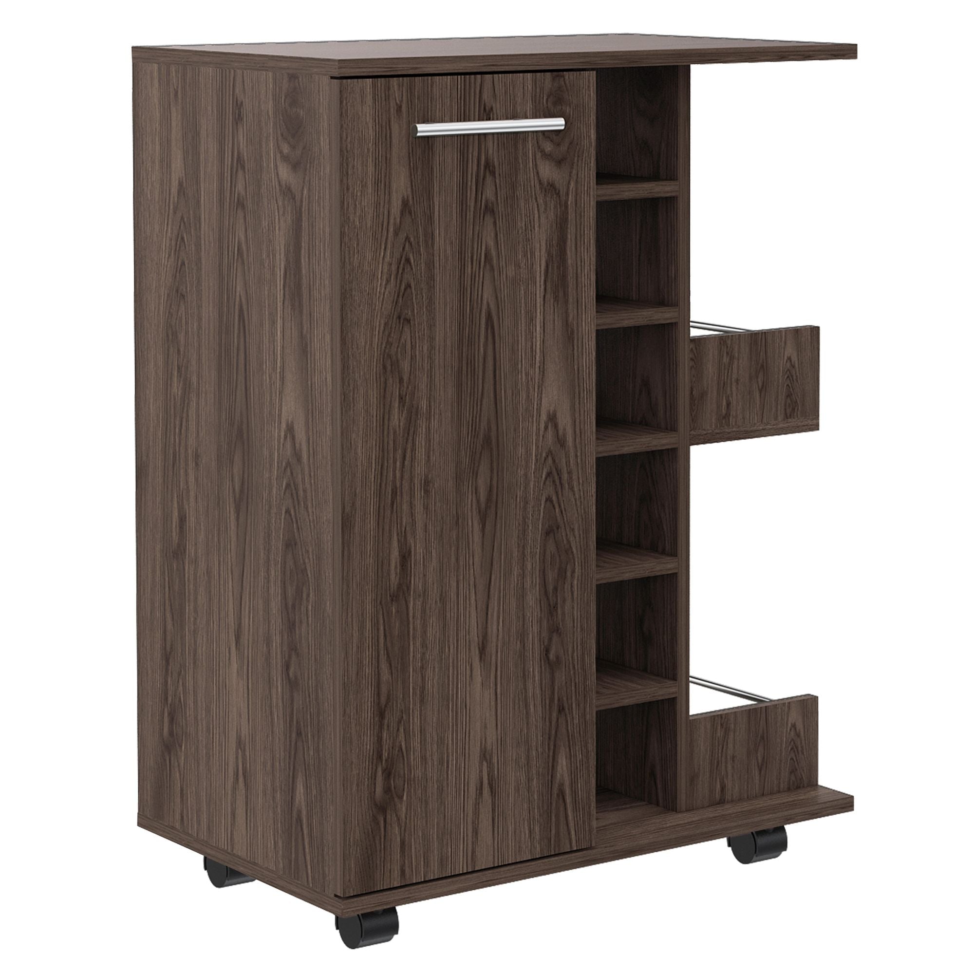 Magda Bar Cart, Four Casters, Six Built - in Wine Rack, Single Door Cabinet, Two External Shelves - Comfortable Living Decor