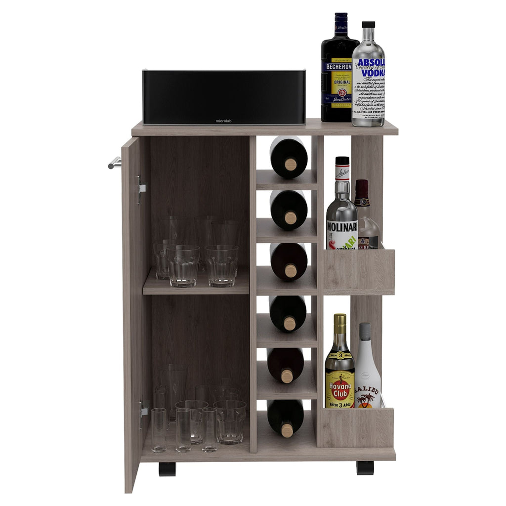 Magda Bar Cart, Four Casters, Six Built - in Wine Rack, Single Door Cabinet, Two External Shelves - Comfortable Living Decor