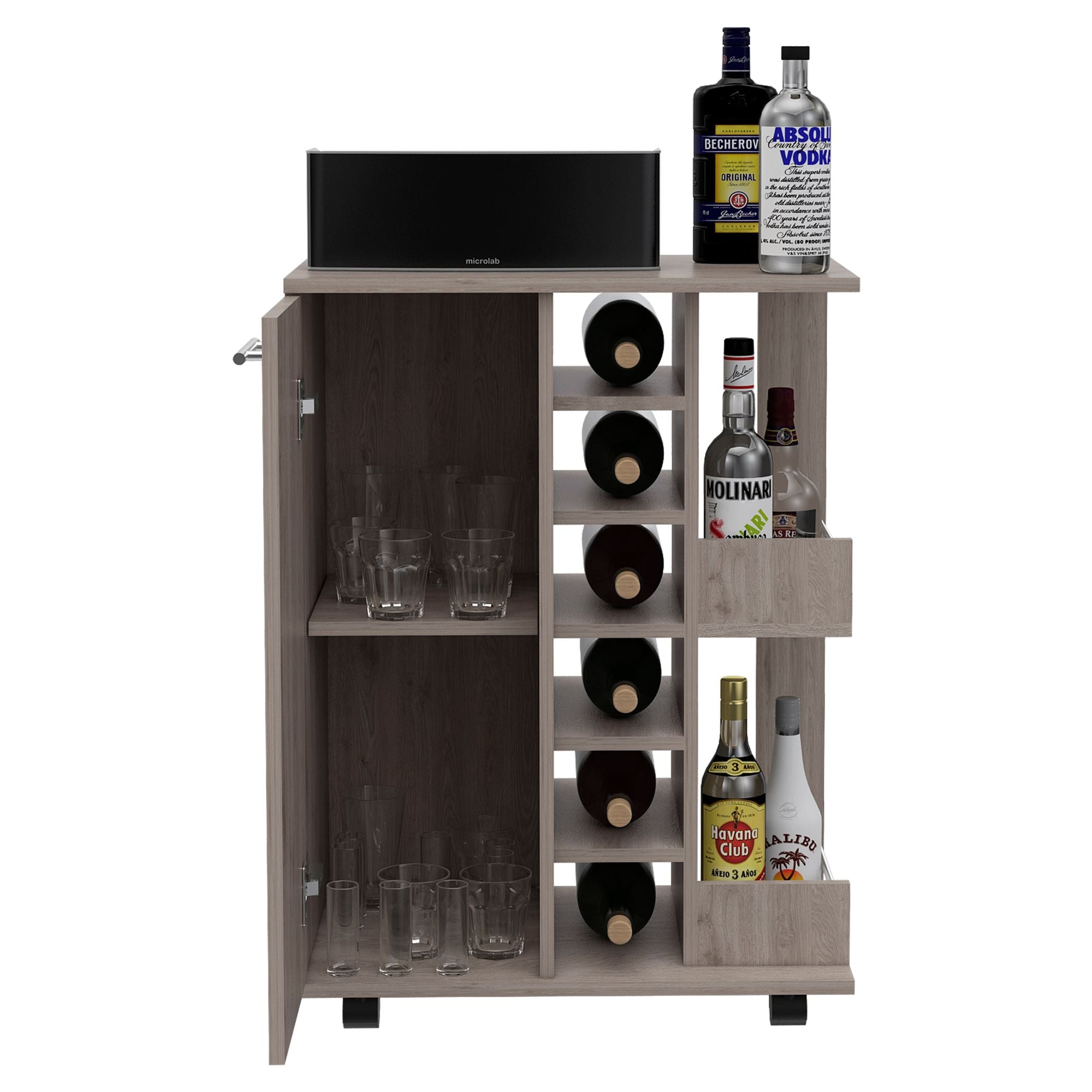 Magda Bar Cart, Four Casters, Six Built - in Wine Rack, Single Door Cabinet, Two External Shelves - Comfortable Living Decor