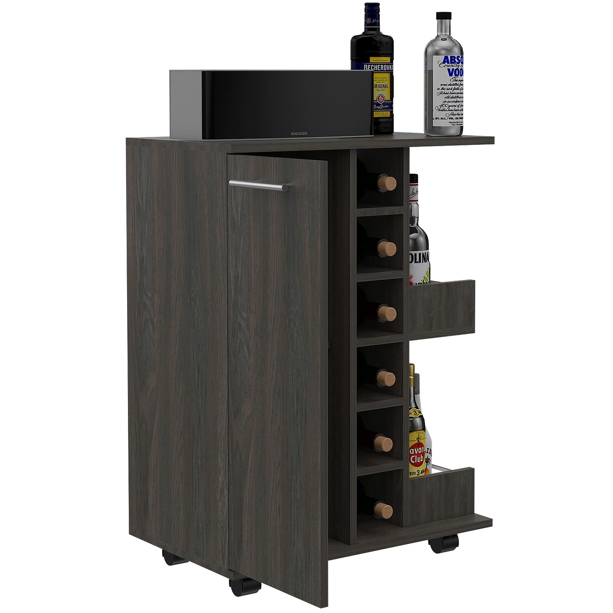 Magda Bar Cart, Four Casters, Six Built - in Wine Rack, Single Door Cabinet, Two External Shelves - Comfortable Living Decor