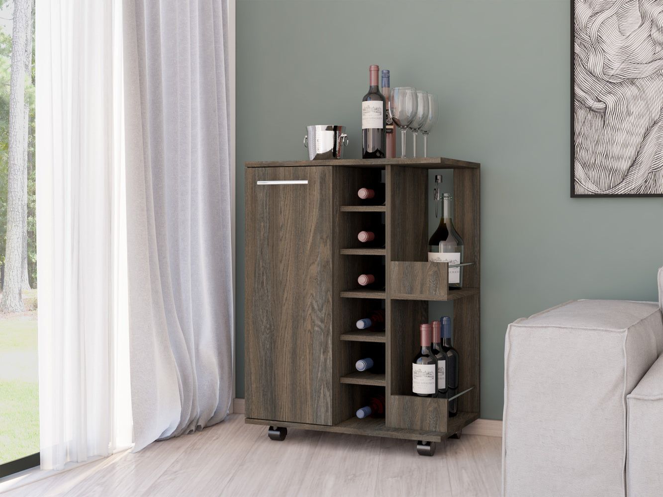 Magda Bar Cart, Four Casters, Six Built - in Wine Rack, Single Door Cabinet, Two External Shelves - Comfortable Living Decor