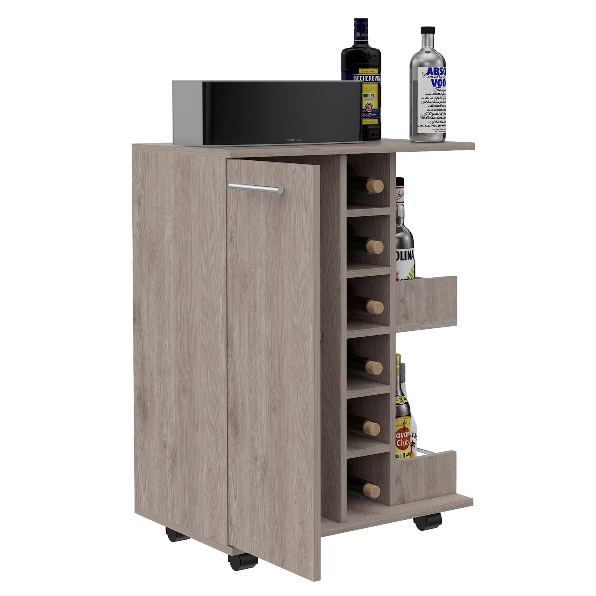 Magda Bar Cart, Four Casters, Six Built - in Wine Rack, Single Door Cabinet, Two External Shelves - Comfortable Living Decor