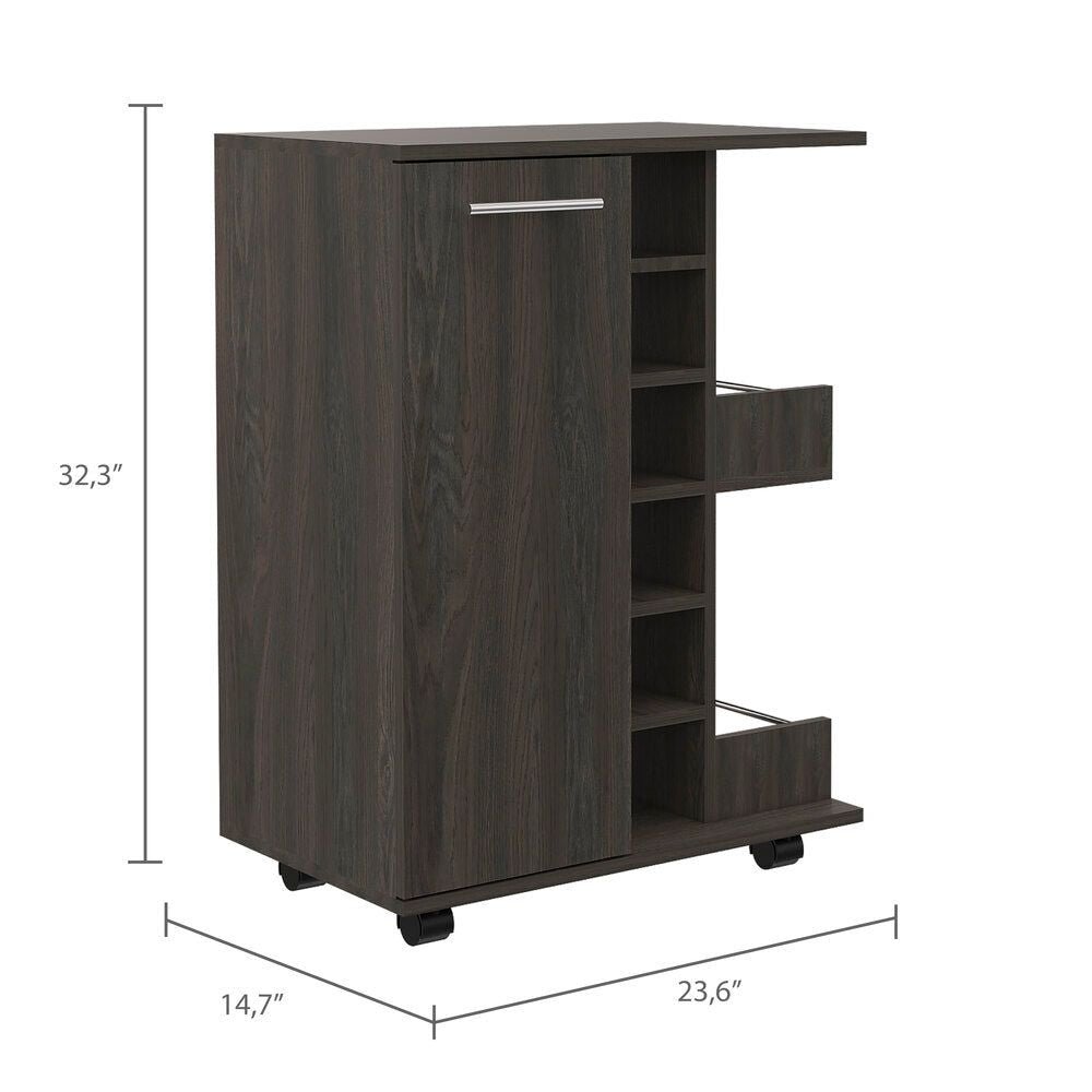 Magda Bar Cart, Four Casters, Six Built - in Wine Rack, Single Door Cabinet, Two External Shelves - Comfortable Living Decor