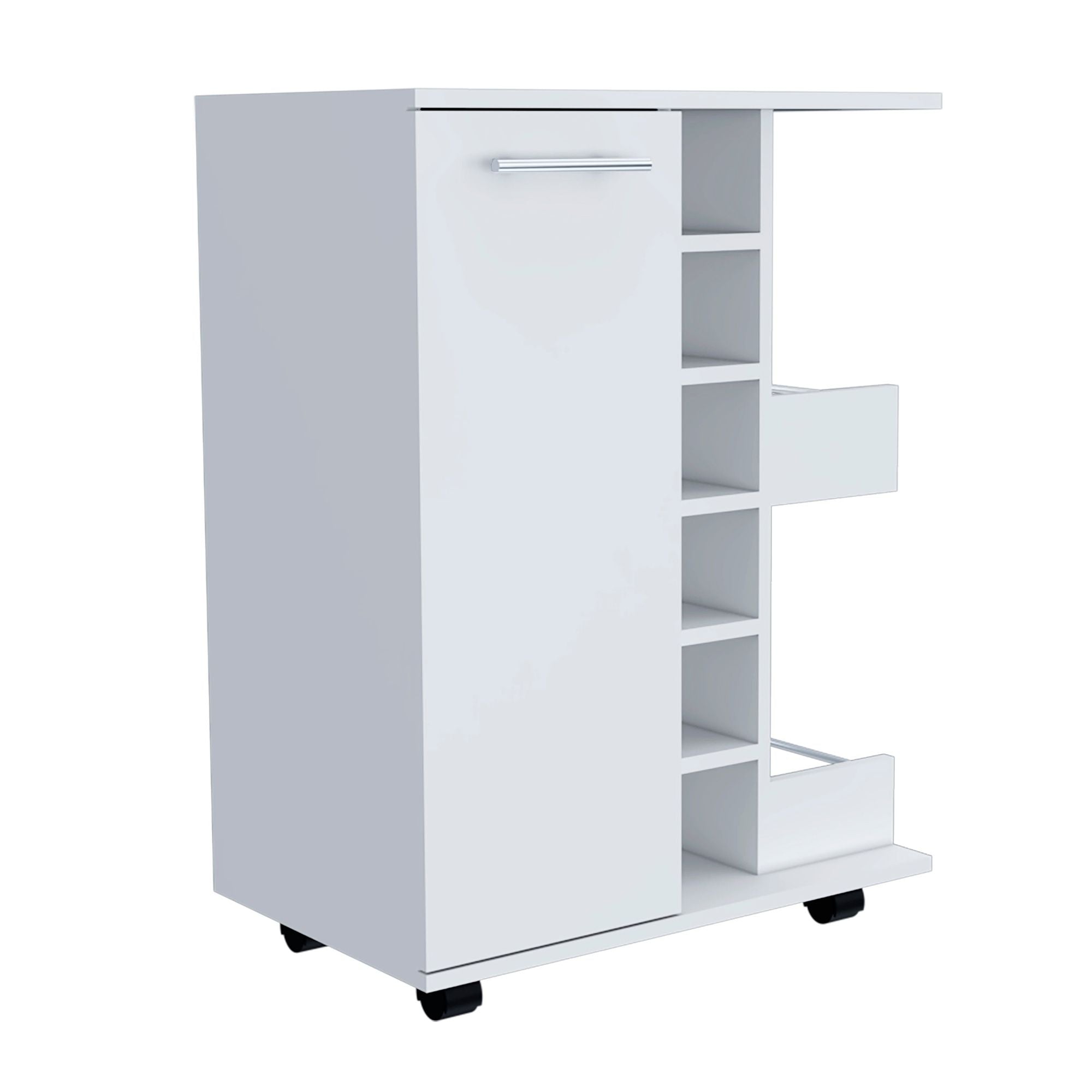 Magda Bar Cart, Four Casters, Six Built - in Wine Rack, Single Door Cabinet, Two External Shelves - Comfortable Living Decor
