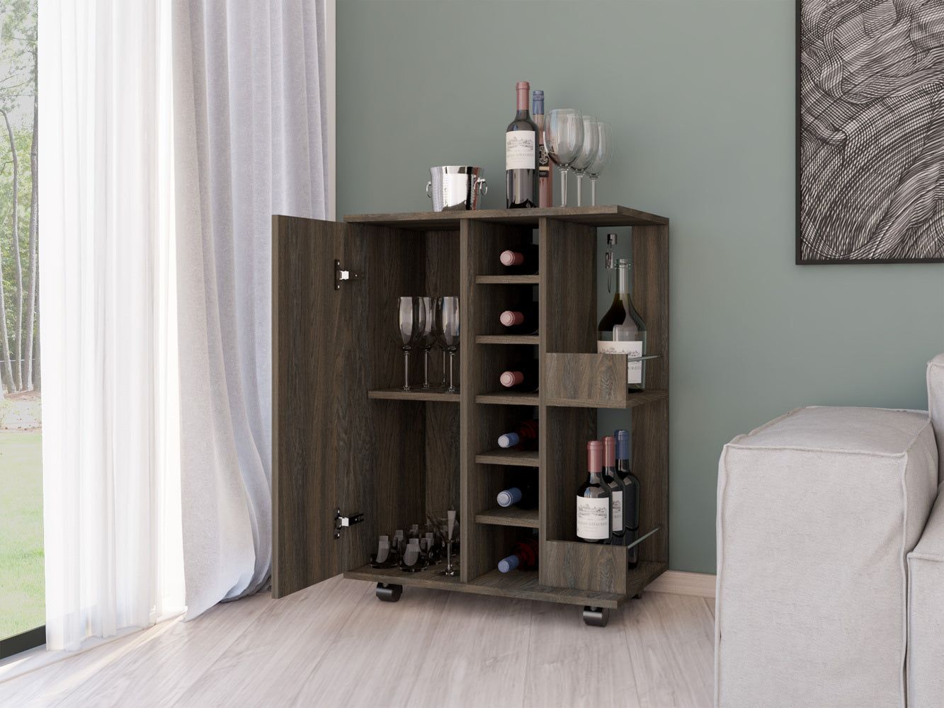 Magda Bar Cart, Four Casters, Six Built - in Wine Rack, Single Door Cabinet, Two External Shelves - Comfortable Living Decor
