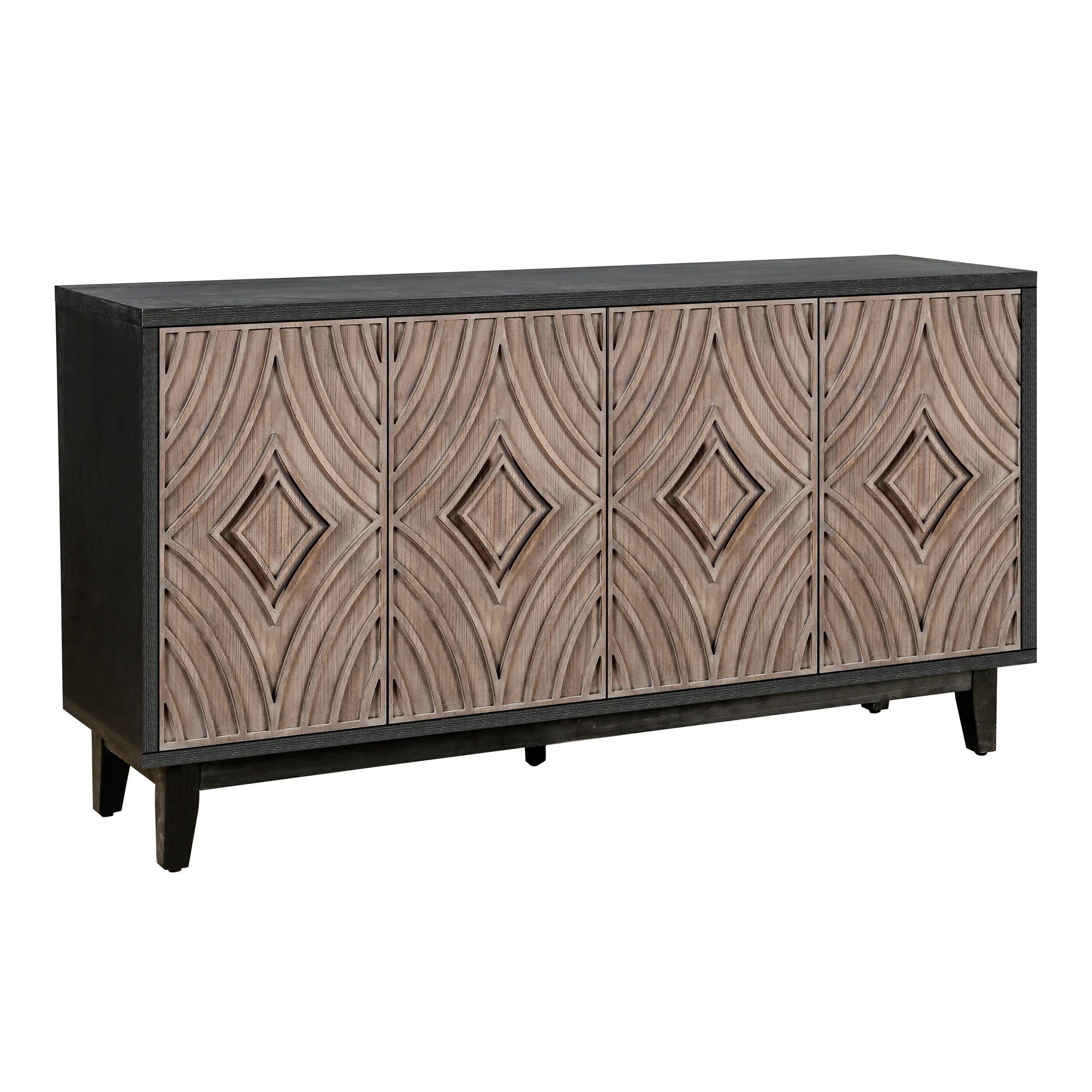 Mid Century Sideboard Buffet Cabinet with Solid Wood Legs 60" Kitchen Storage Cabinet Credenza with 4 Convex pattern diamond Doors and 2 Shelves Accent Console Table for Living Room Entrance Hall etc - Comfortable Living Decor