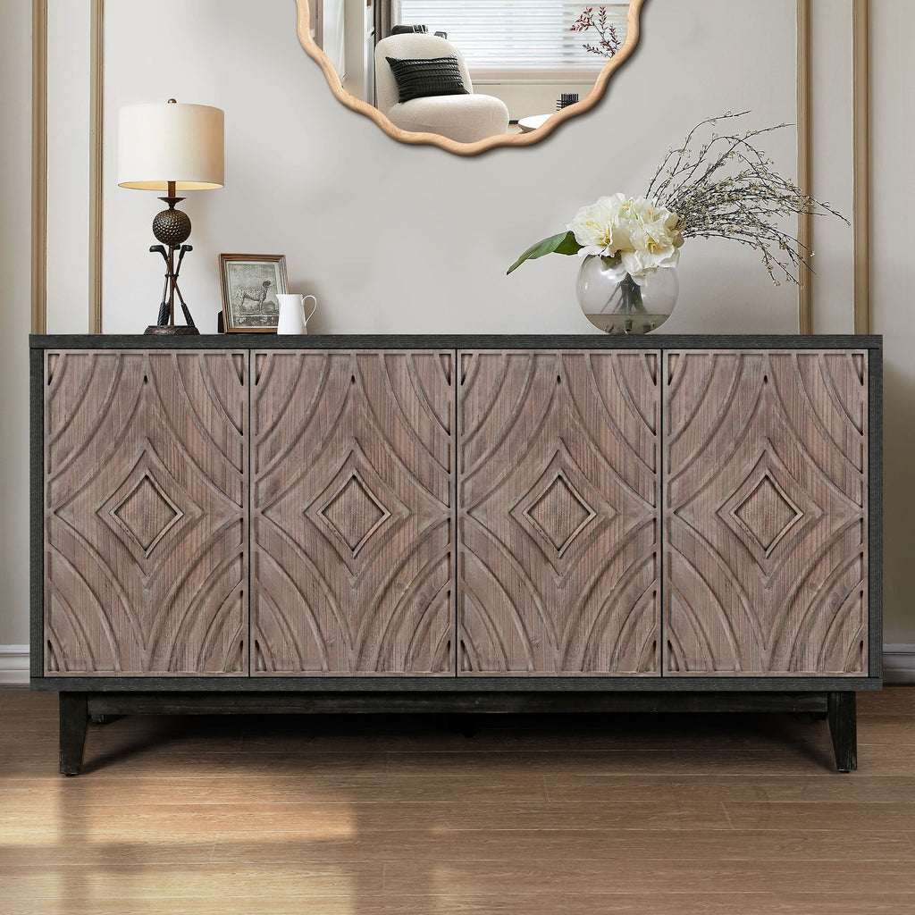 Mid Century Sideboard Buffet Cabinet with Solid Wood Legs 60" Kitchen Storage Cabinet Credenza with 4 Convex pattern diamond Doors and 2 Shelves Accent Console Table for Living Room Entrance Hall etc - Comfortable Living Decor