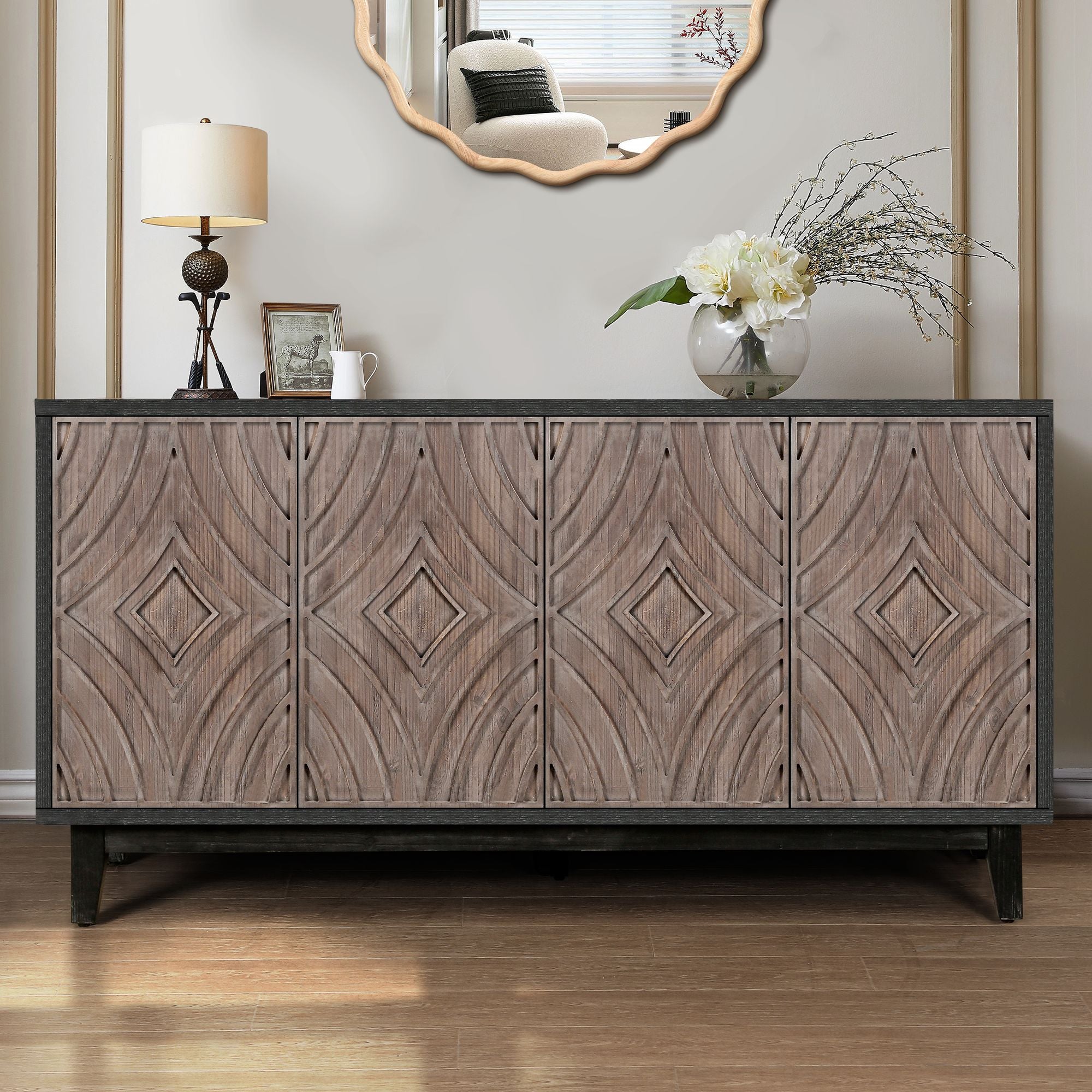 Mid Century Sideboard Buffet Cabinet with Solid Wood Legs 60" Kitchen Storage Cabinet Credenza with 4 Convex pattern diamond Doors and 2 Shelves Accent Console Table for Living Room Entrance Hall etc - Comfortable Living Decor