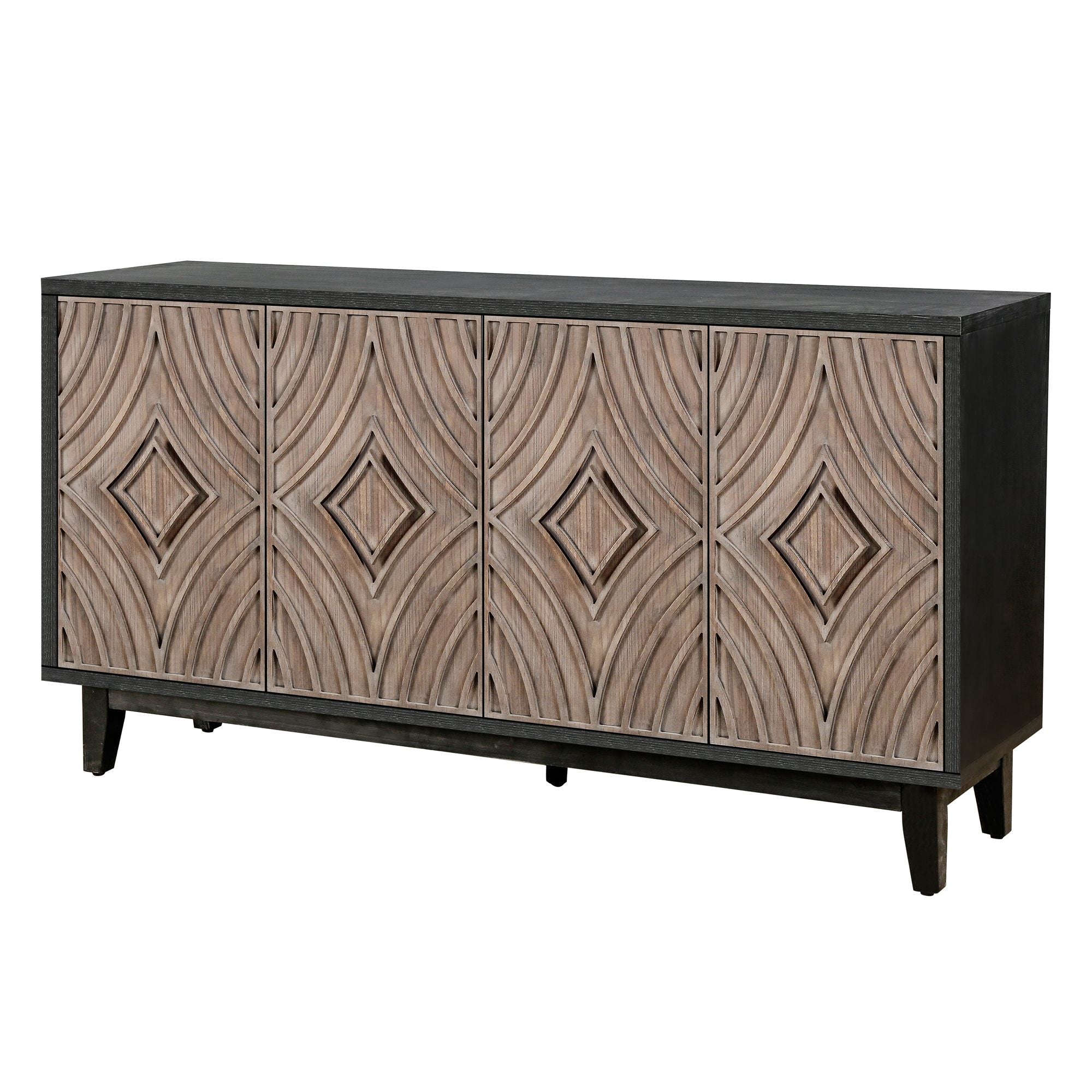 Mid Century Sideboard Buffet Cabinet with Solid Wood Legs 60" Kitchen Storage Cabinet Credenza with 4 Convex pattern diamond Doors and 2 Shelves Accent Console Table for Living Room Entrance Hall etc - Comfortable Living Decor