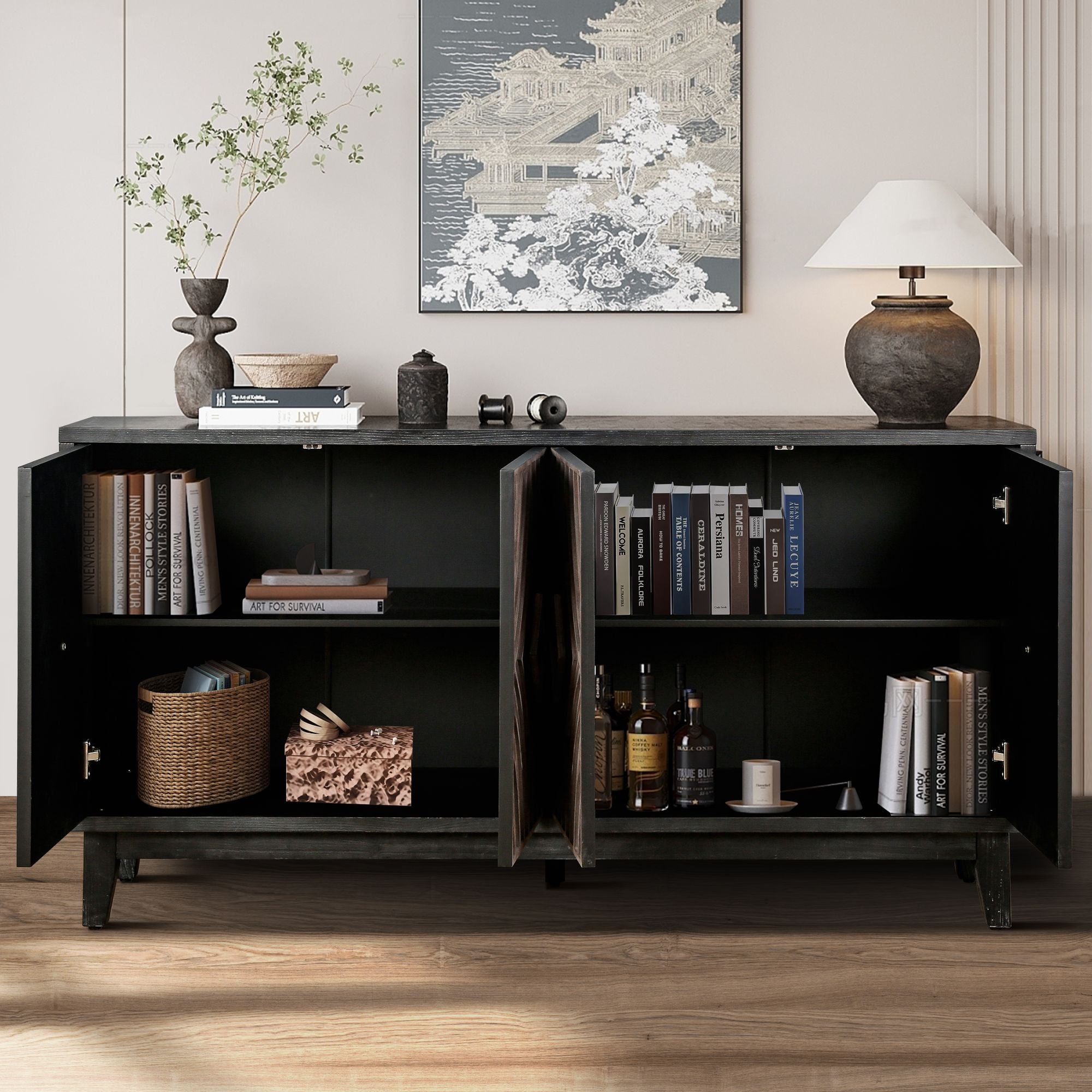 Mid Century Sideboard Buffet Cabinet with Solid Wood Legs 60" Kitchen Storage Cabinet Credenza with 4 Convex pattern diamond Doors and 2 Shelves Accent Console Table for Living Room Entrance Hall etc - Comfortable Living Decor