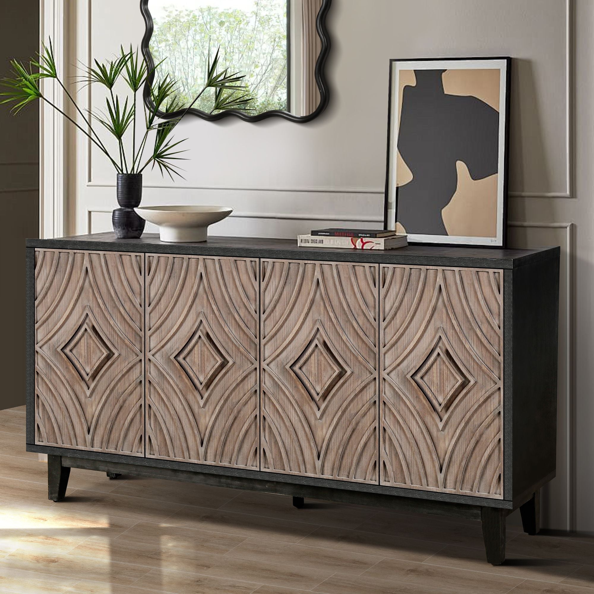 Mid Century Sideboard Buffet Cabinet with Solid Wood Legs 60" Kitchen Storage Cabinet Credenza with 4 Convex pattern diamond Doors and 2 Shelves Accent Console Table for Living Room Entrance Hall etc - Comfortable Living Decor