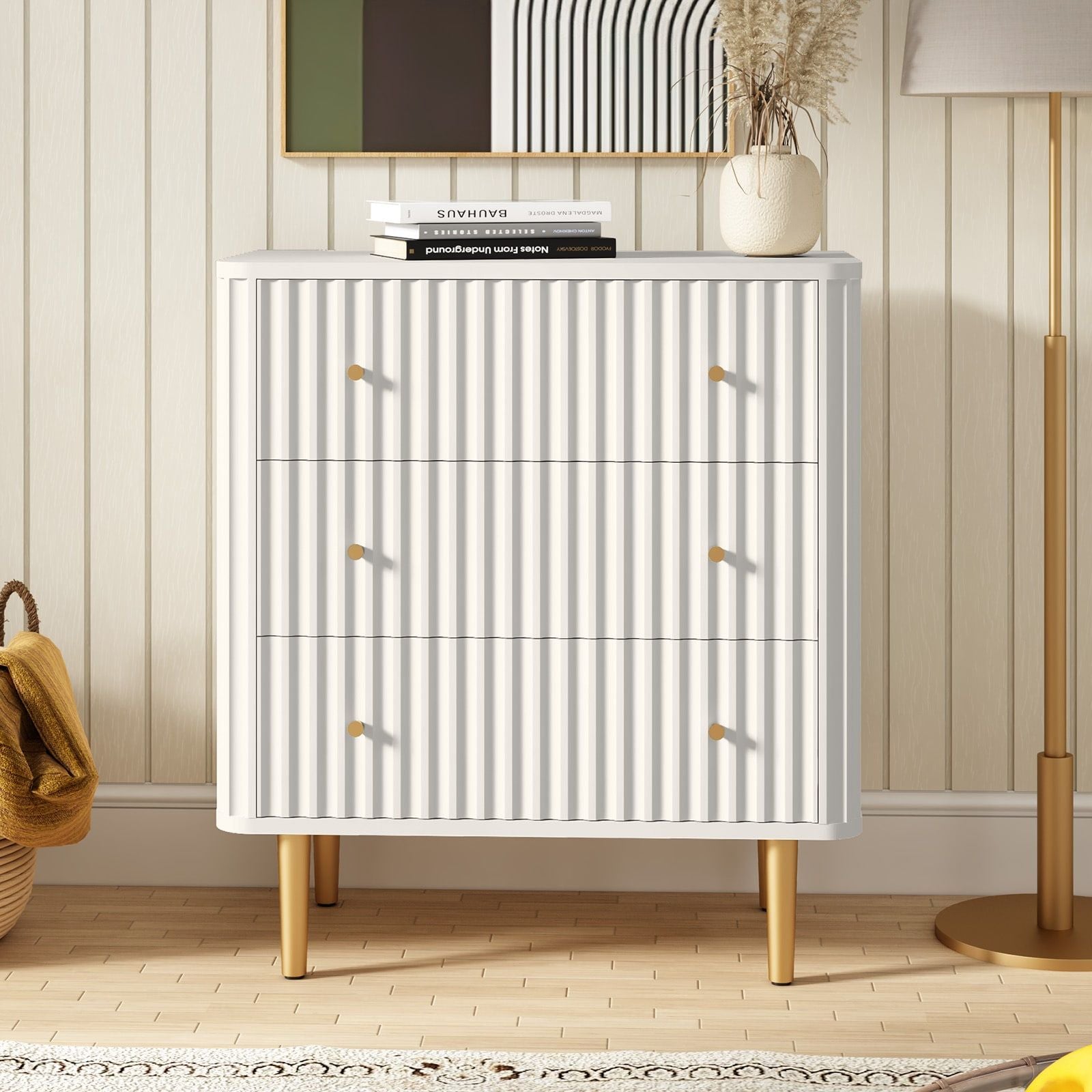 Modern 3 Drawer Dresser for Bedroom, Storage Chest of Drawers, White Wood Dresser Organizer with Fluted Texture, Accent Storage Dresser Cabinet for Living Room, Closet, Hallway - Comfortable Living Decor
