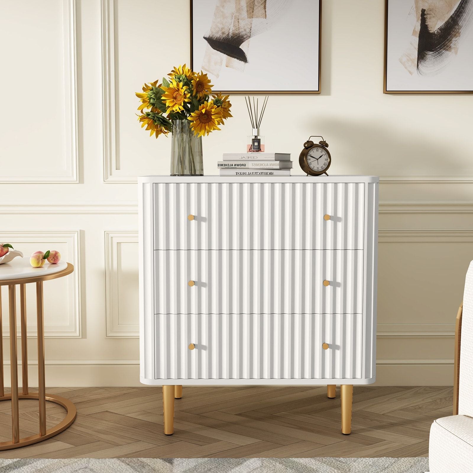 Modern 3 Drawer Dresser for Bedroom, Storage Chest of Drawers, White Wood Dresser Organizer with Fluted Texture, Accent Storage Dresser Cabinet for Living Room, Closet, Hallway - Comfortable Living Decor